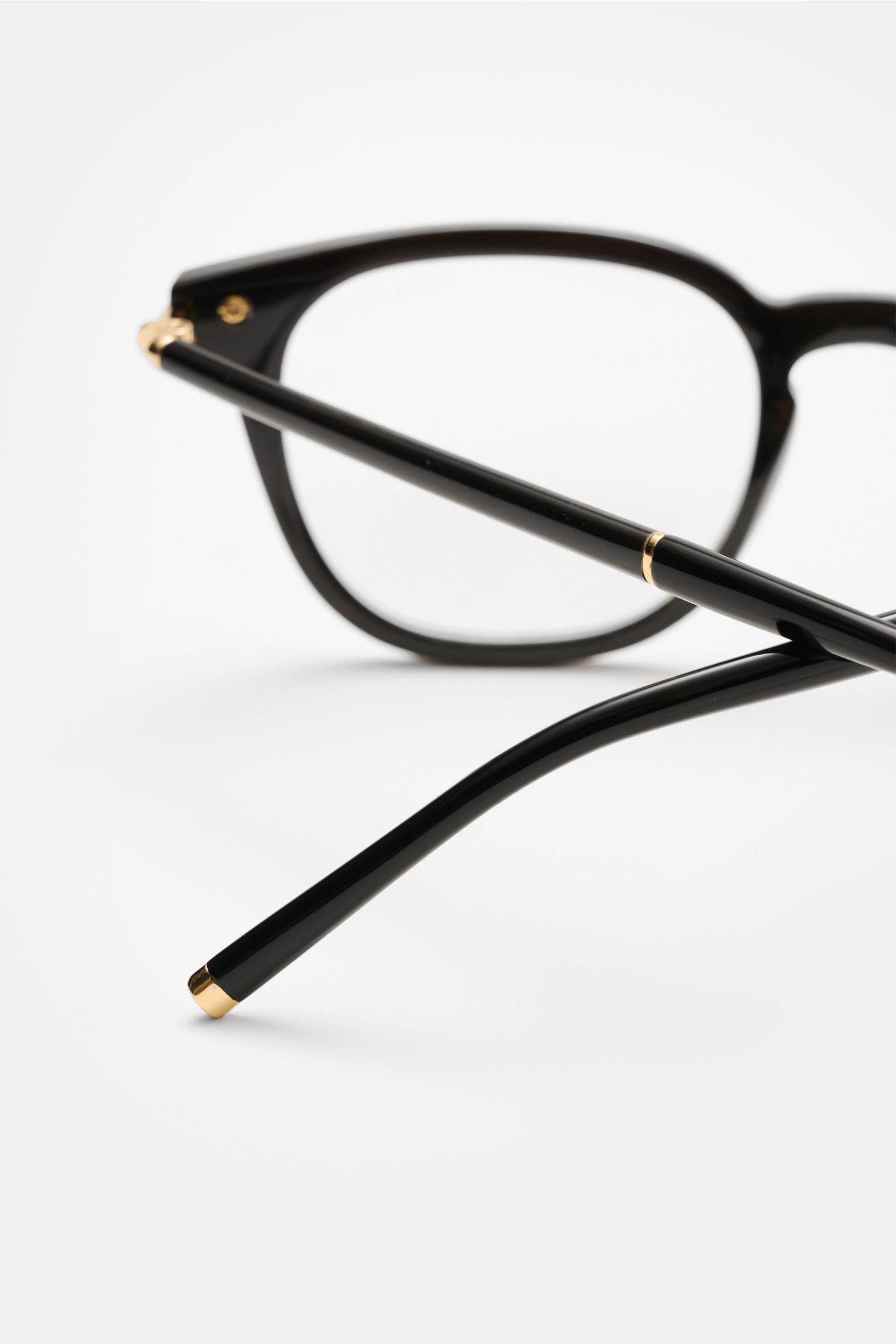 Close-up side view of Tom Ford Horn Brille 'Private Collection' schwarz with slightly rounded silhouette, buffalo horn frame, blue light filter lenses, T-shaped details; includes leather hard case, horn polish set, and cleaning cloth. Stilvoller Eyecatche
