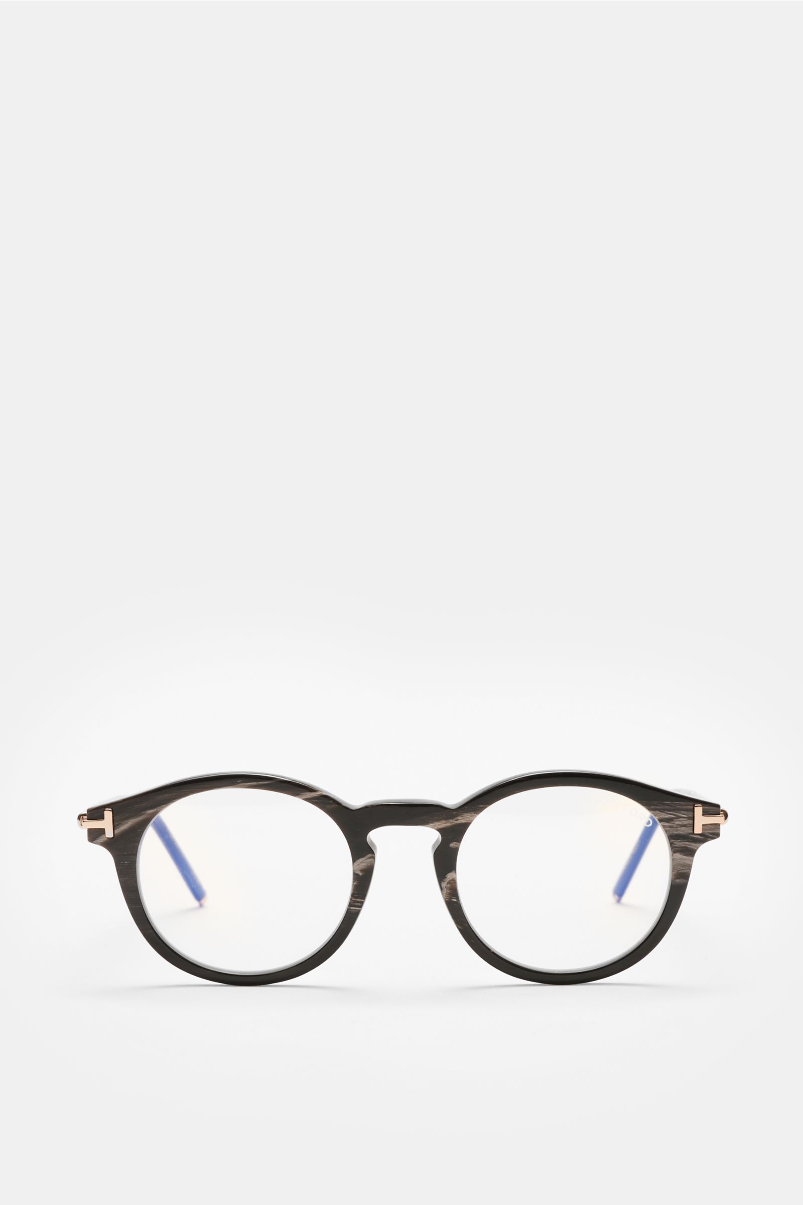 Front view of Tom Ford Horn Brille 'Private Collection' schwarz/graubraun/weiß gemustert with round shape, buffalo horn frame, blue light filter lenses, T-shaped details.