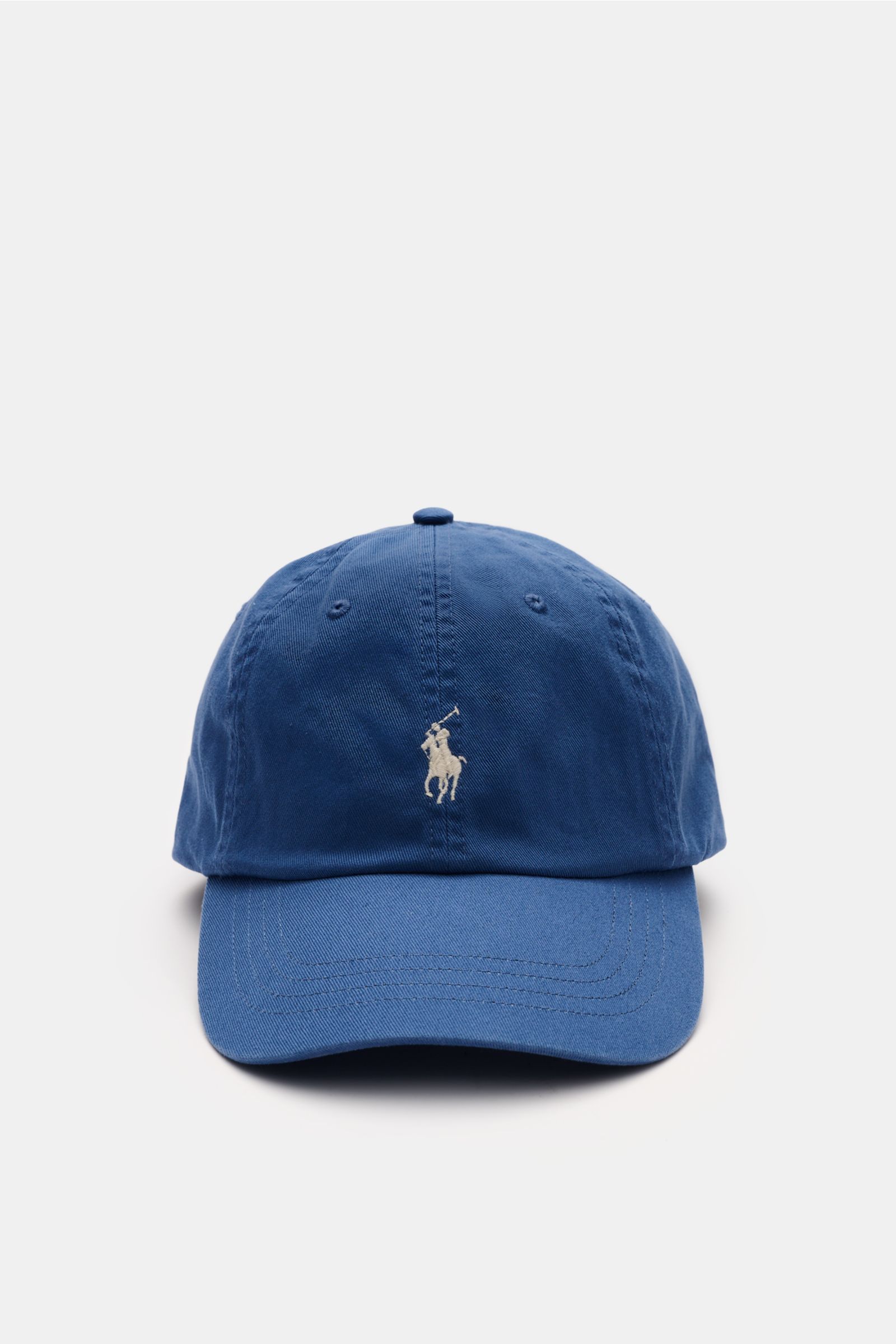 Polo Ralph Lauren Baseball-Cap blau, reine Baumwolle, Six-Panel-Design, Logo-Stitching vorne, verstellbarer Verschluss, frontale Perspektive.