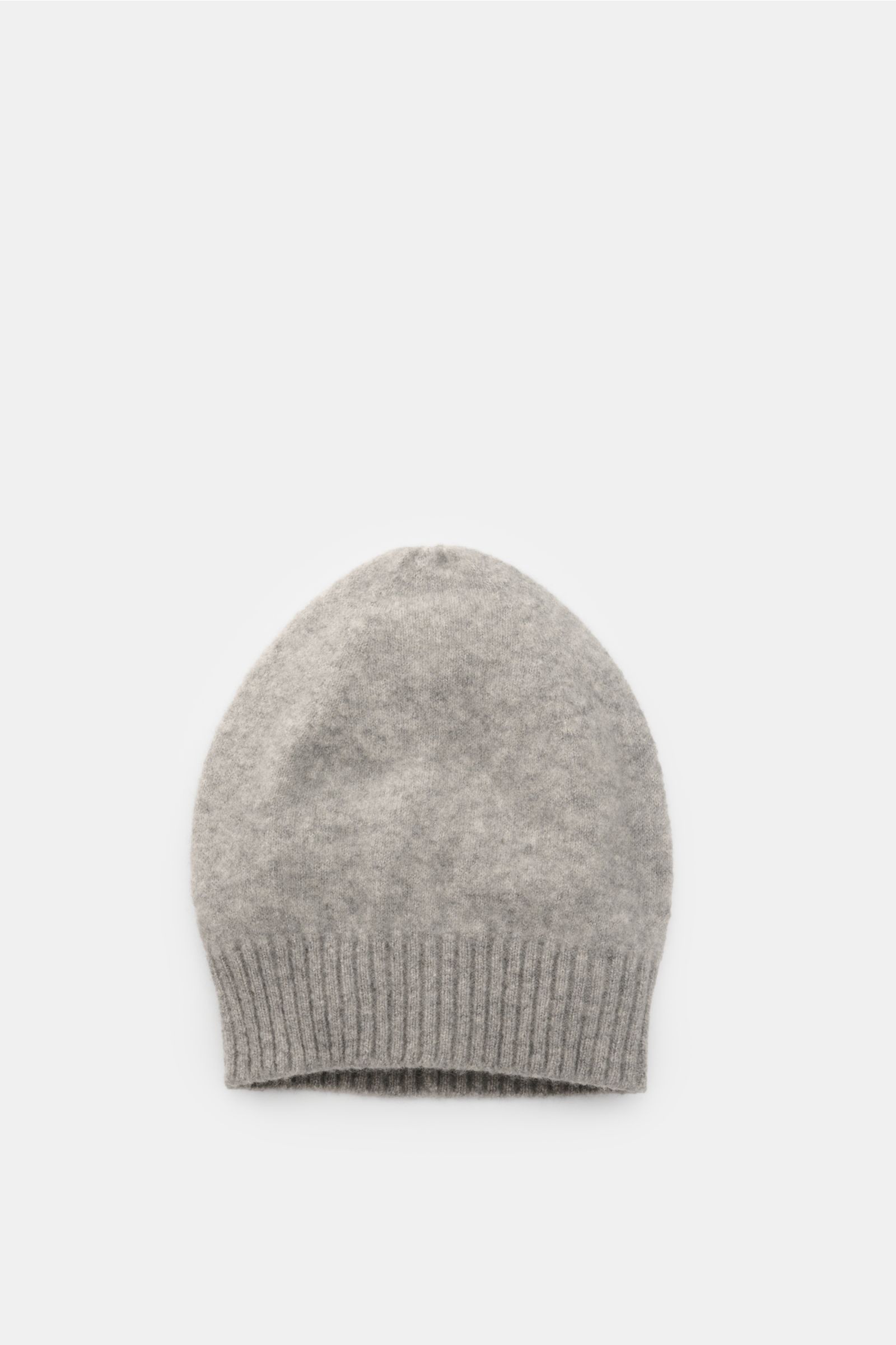 Piacenza 1733 Mütze grau meliert shown from above, made of cashmere, silk, and microfiber with soft feel, fine knit, and wide ribbed edge.