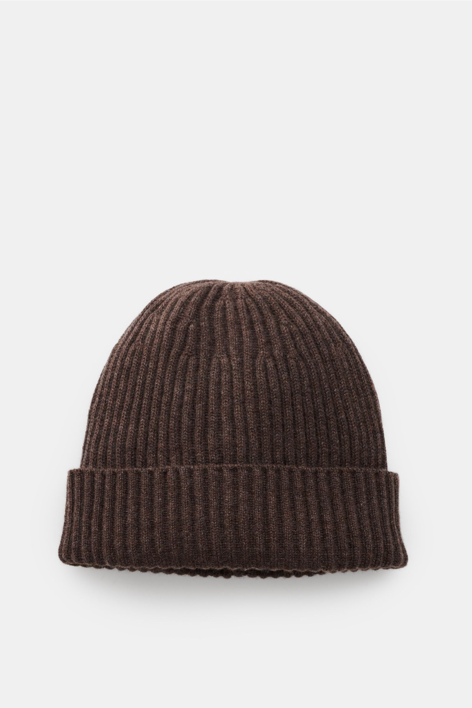 Brunello Cucinelli Cashmere Mütze braun meliert, frontal fotografiert, mit breitem Umschlag, markantem Rippstrick und sehr weichem Griff aus reinem Cashmere.