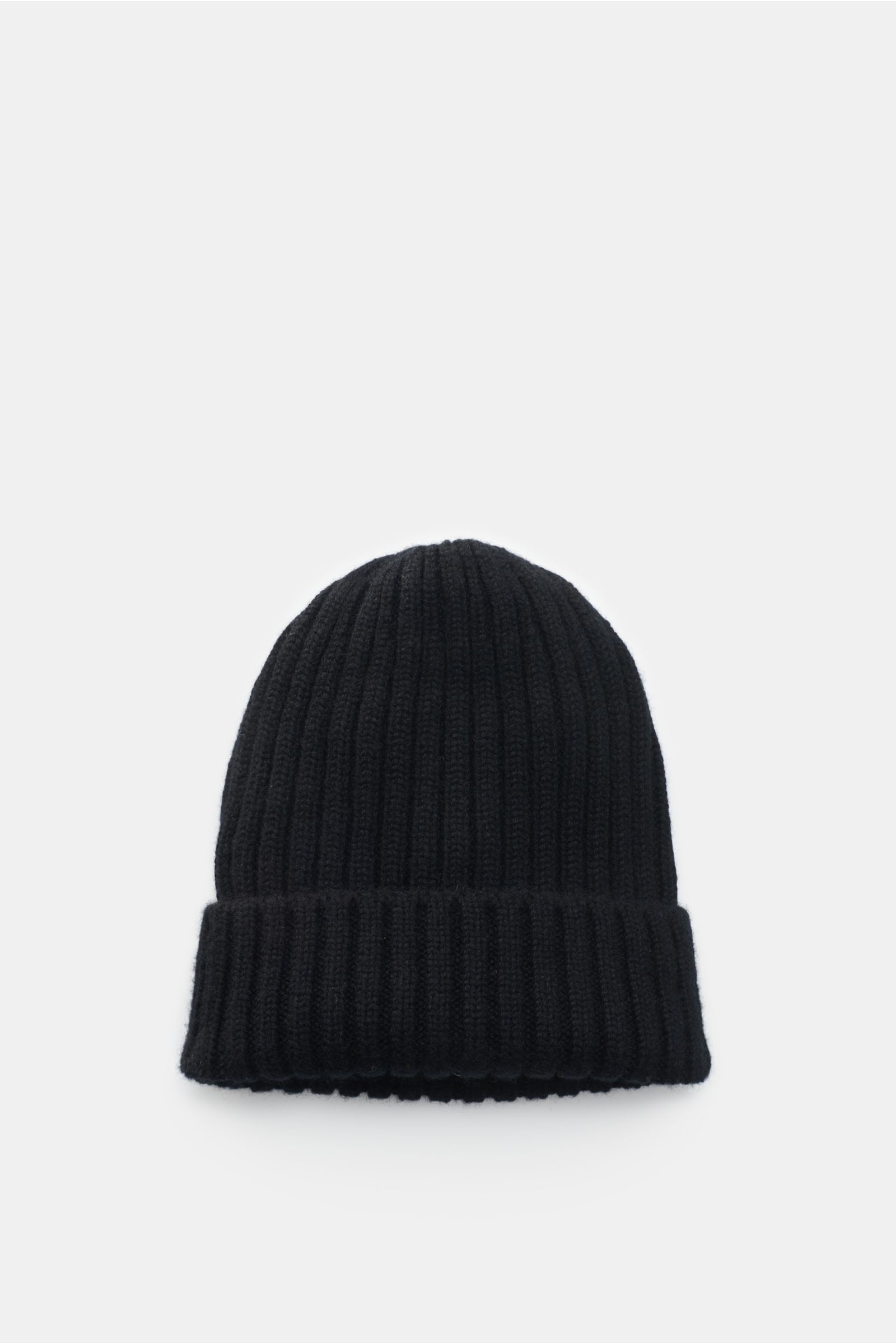 Fedeli Cashmere Mütze schwarz, von oben fotografiert mit breitem Rippstrick, variablem Umschlag, mittelfeinem Strickbild, reiner Cashmere, weicher Griff.