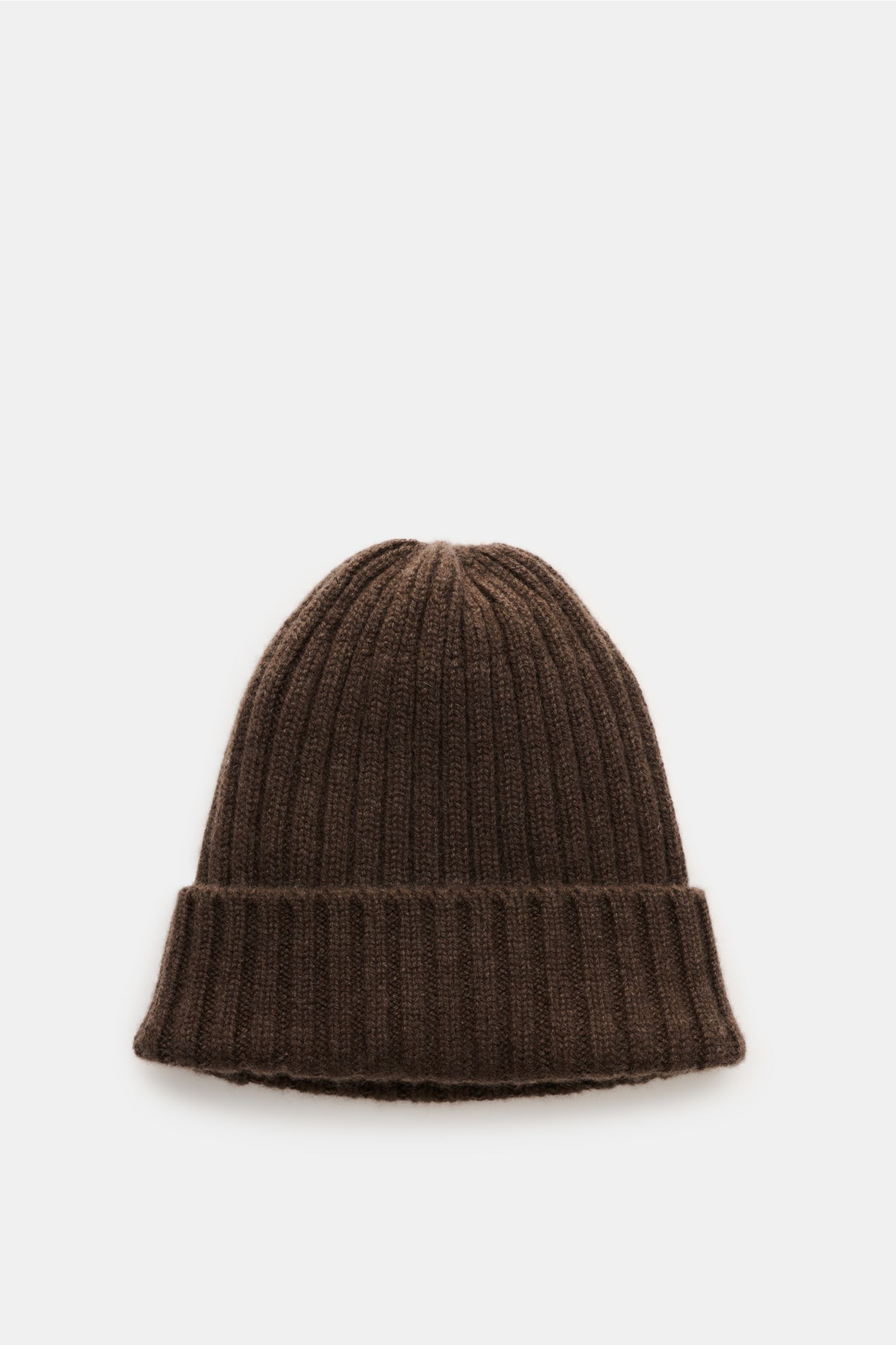 Fedeli Cashmere Mütze braun, von oben fotografiert, mit breitem Rippstrick, weichem Griff, variablem Umschlag, mittelfeinem Strickbild, reines Cashmere.