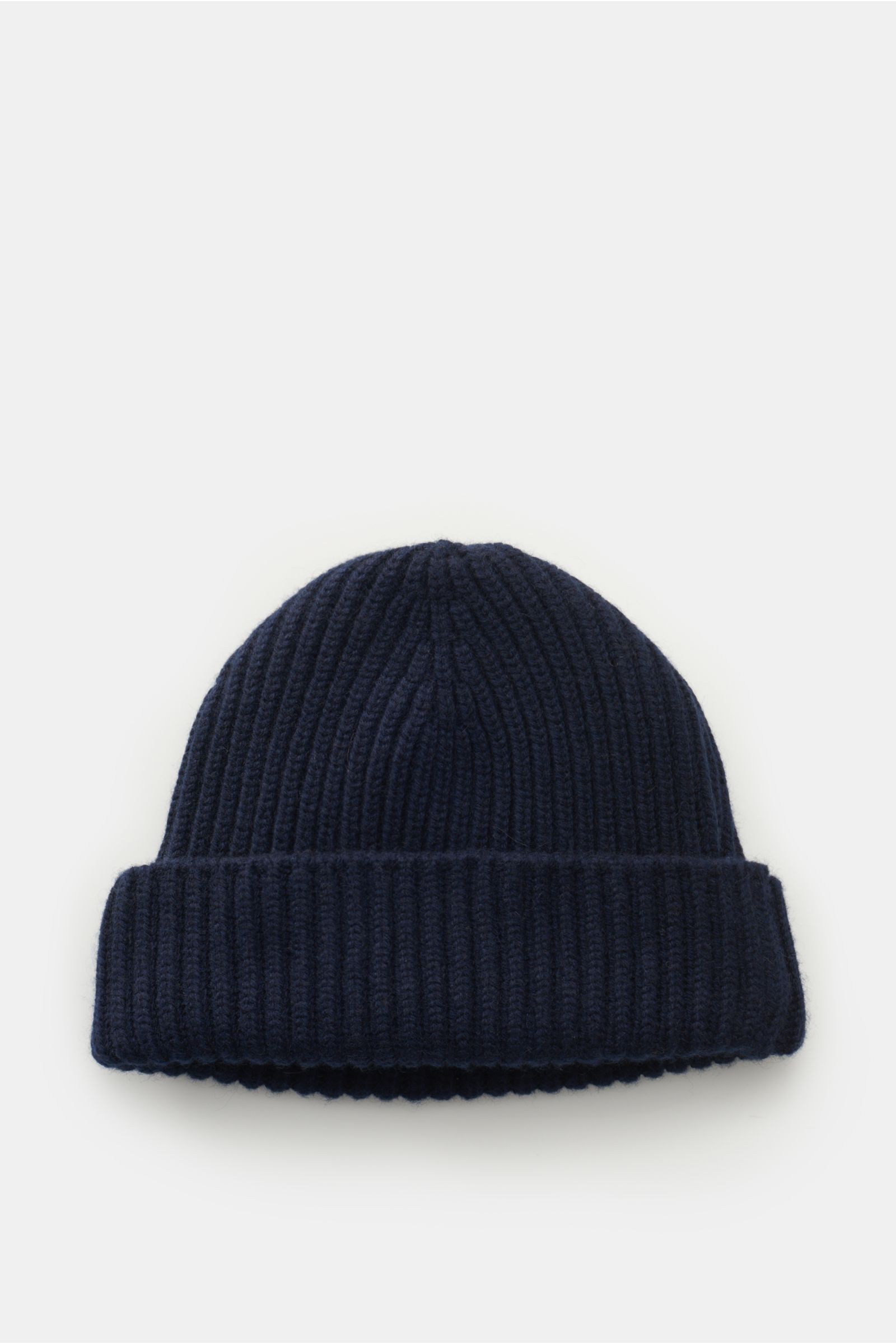 Fedeli Cashmere Mütze 'Alfredo' navy, grob gestrickt mit variablen Umschlag, aus weichem, reinem Cashmere, Frontansicht.