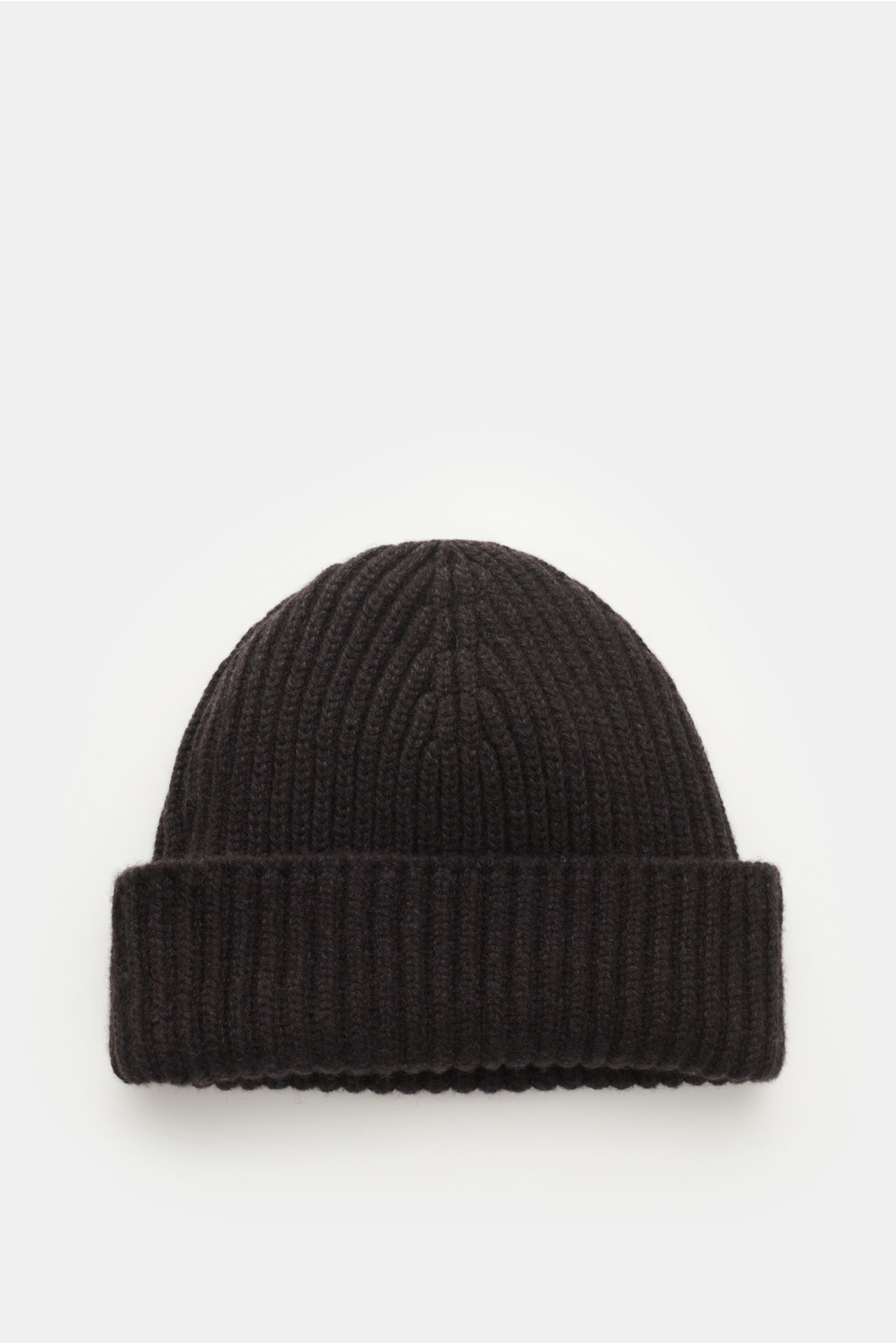 Fedeli Cashmere Mütze 'Alfredo' dunkelbraun, grob gestrickt mit variabler Umschlag, seitliche Draufsicht, reiner Cashmere, sehr weich.