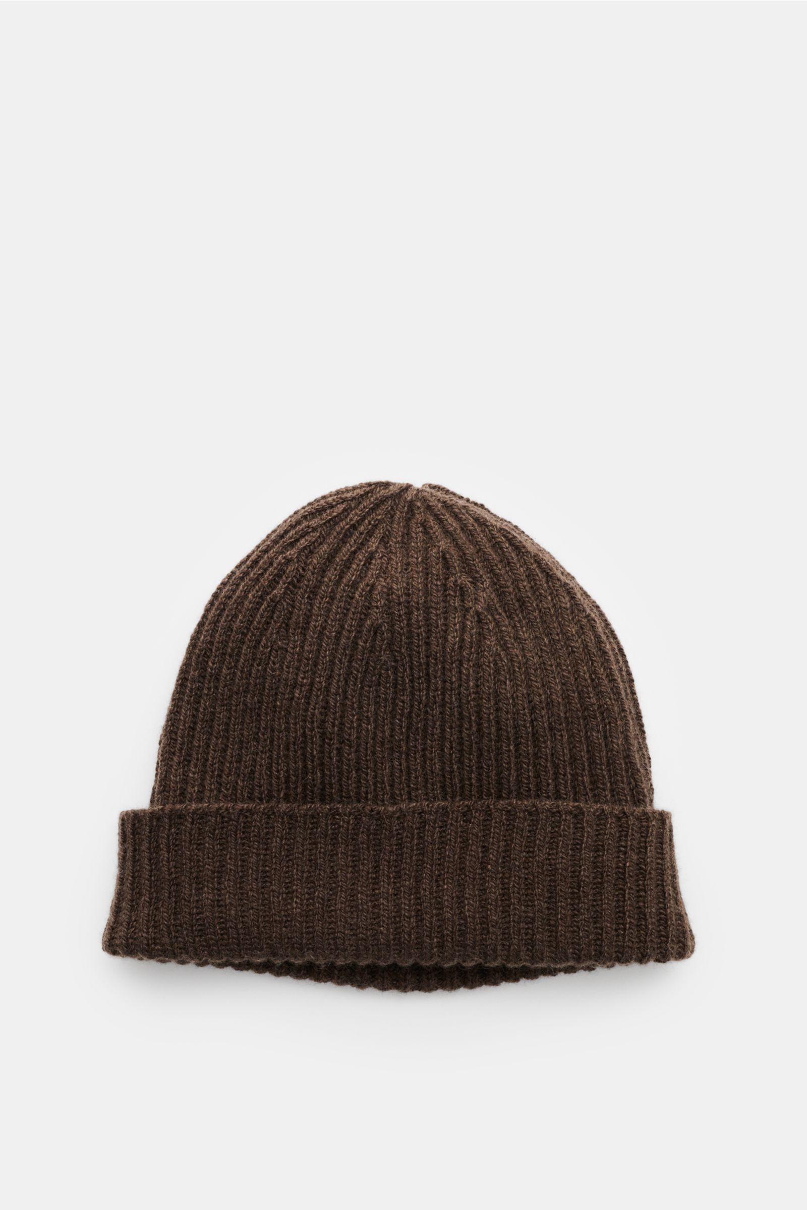 Cruciani Cashmere Mütze braun, von oben fotografiert, mit schmalem Umschlag, feinem Patent-Strickmuster aus reinem Cashmere.