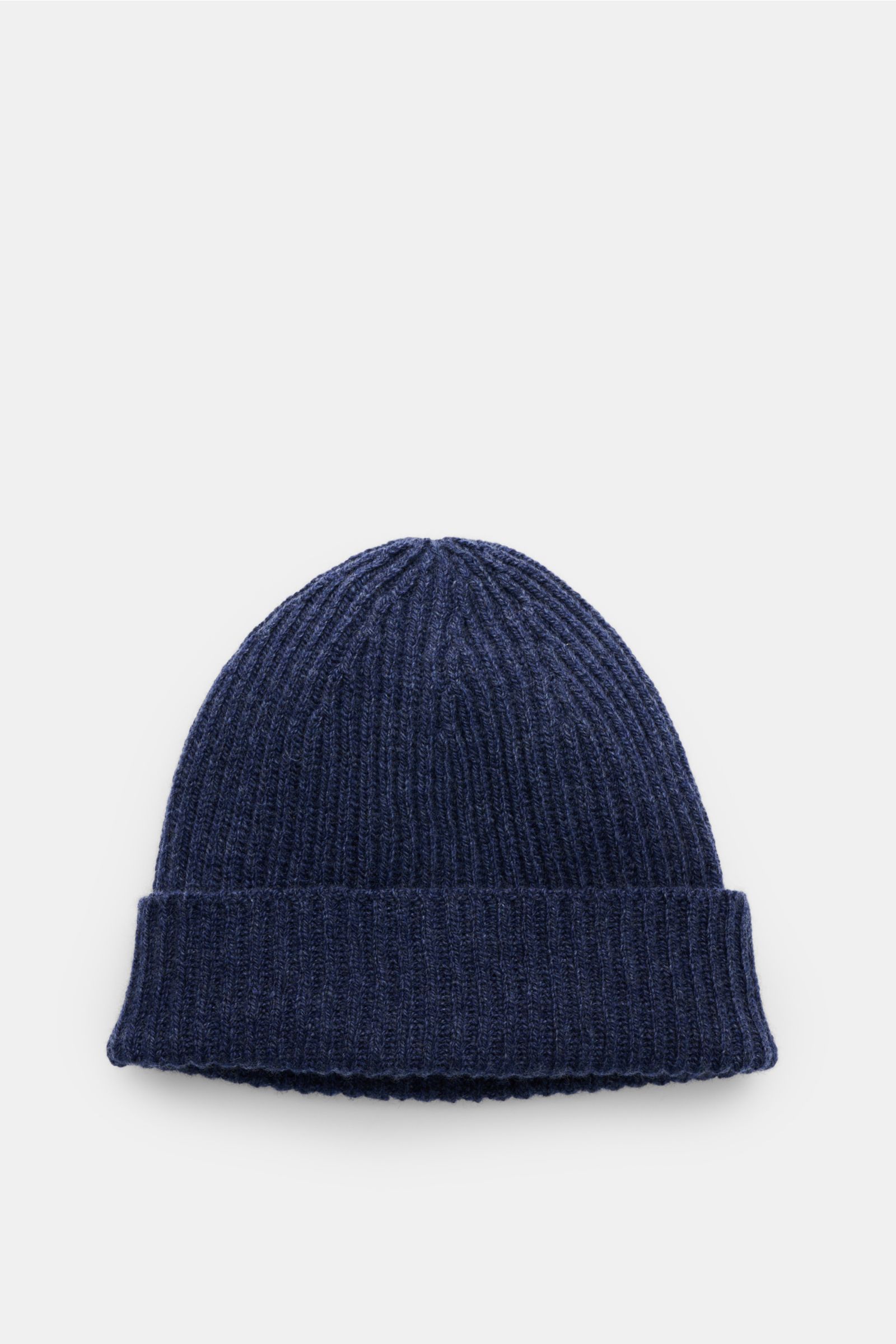 Cruciani Cashmere beanie grey-blue shown from above on a white background, featuring pure cashmere, very soft feel, brioche knit pattern, fine knit, and a small turn-up for cosy winter moments with style.
