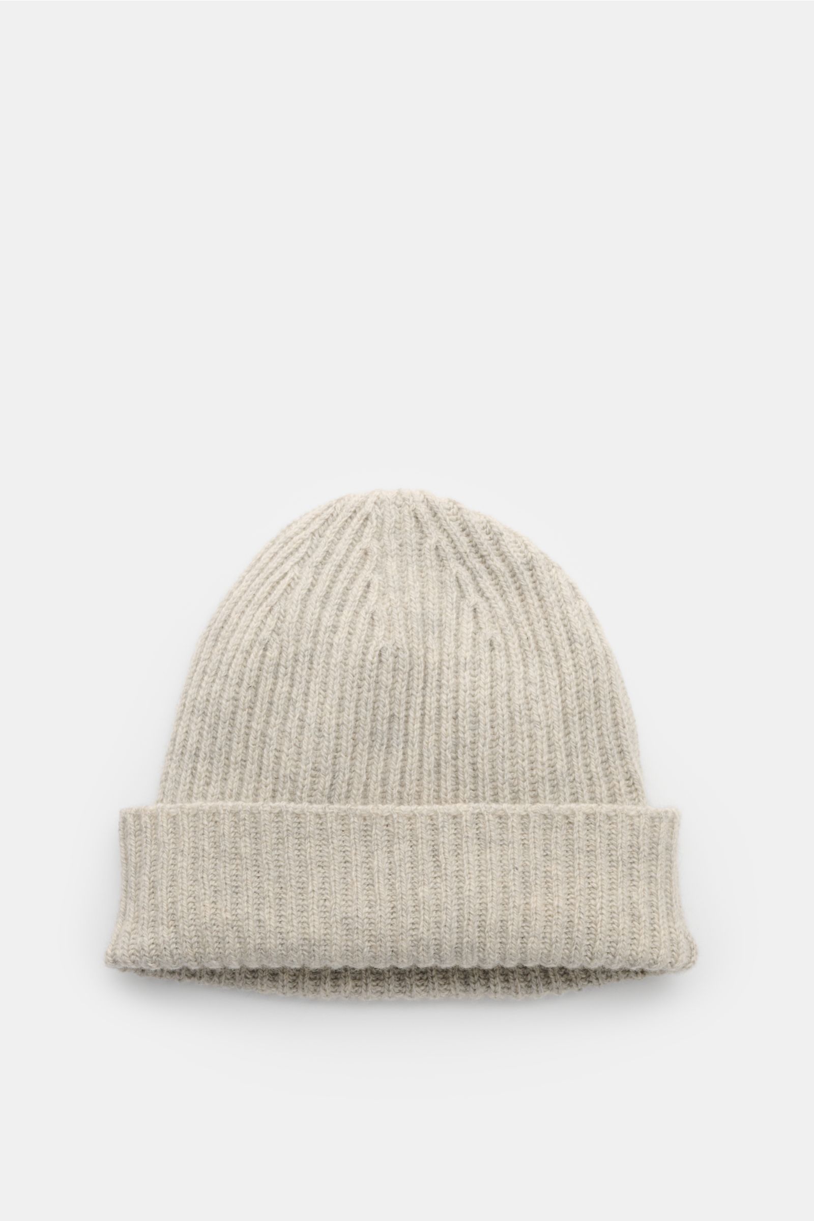 Top-down view of the Cruciani Cashmere beanie light grey, featuring a fine brioche knit pattern, pure cashmere, very soft feel, and a small turn-up for cosy winter moments with style.