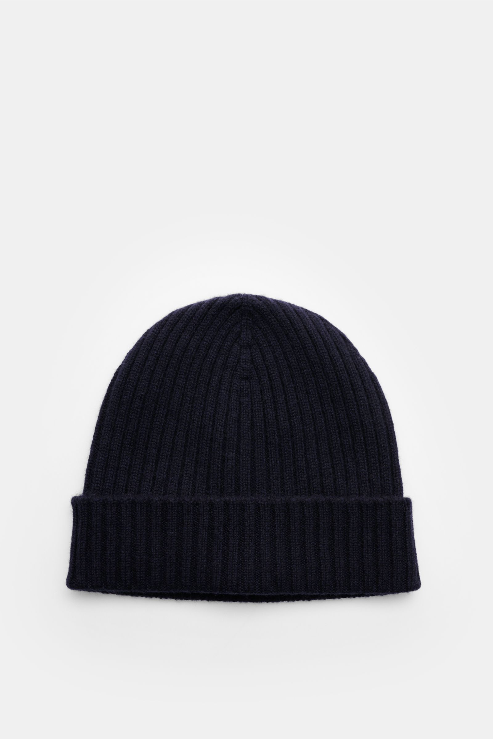 Agnona Cashmere Mütze navy aus reiner Cashmere, weicher Griff, Rippstrick-Design mit feinem Strickbild und schmalem Umschlag, Draufsicht.