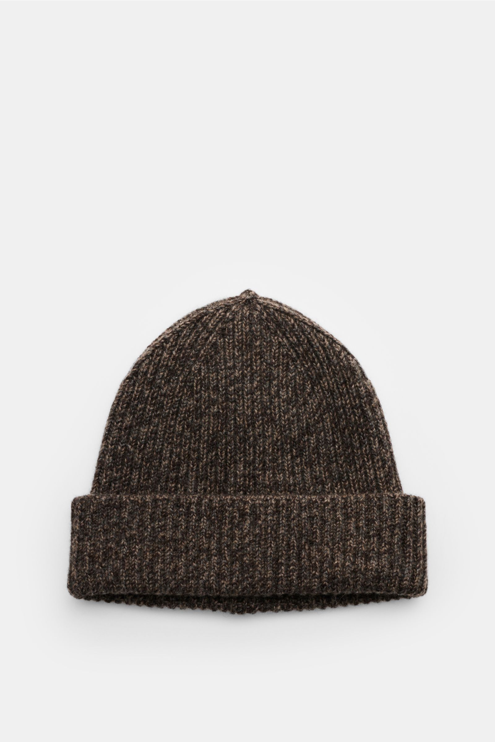 Agnona Cashmere Mütze graubraun meliert, Patentstrickmuster, mittelfein, schmaler Umschlag, weich, aus reiner Cashmere, Frontansicht.