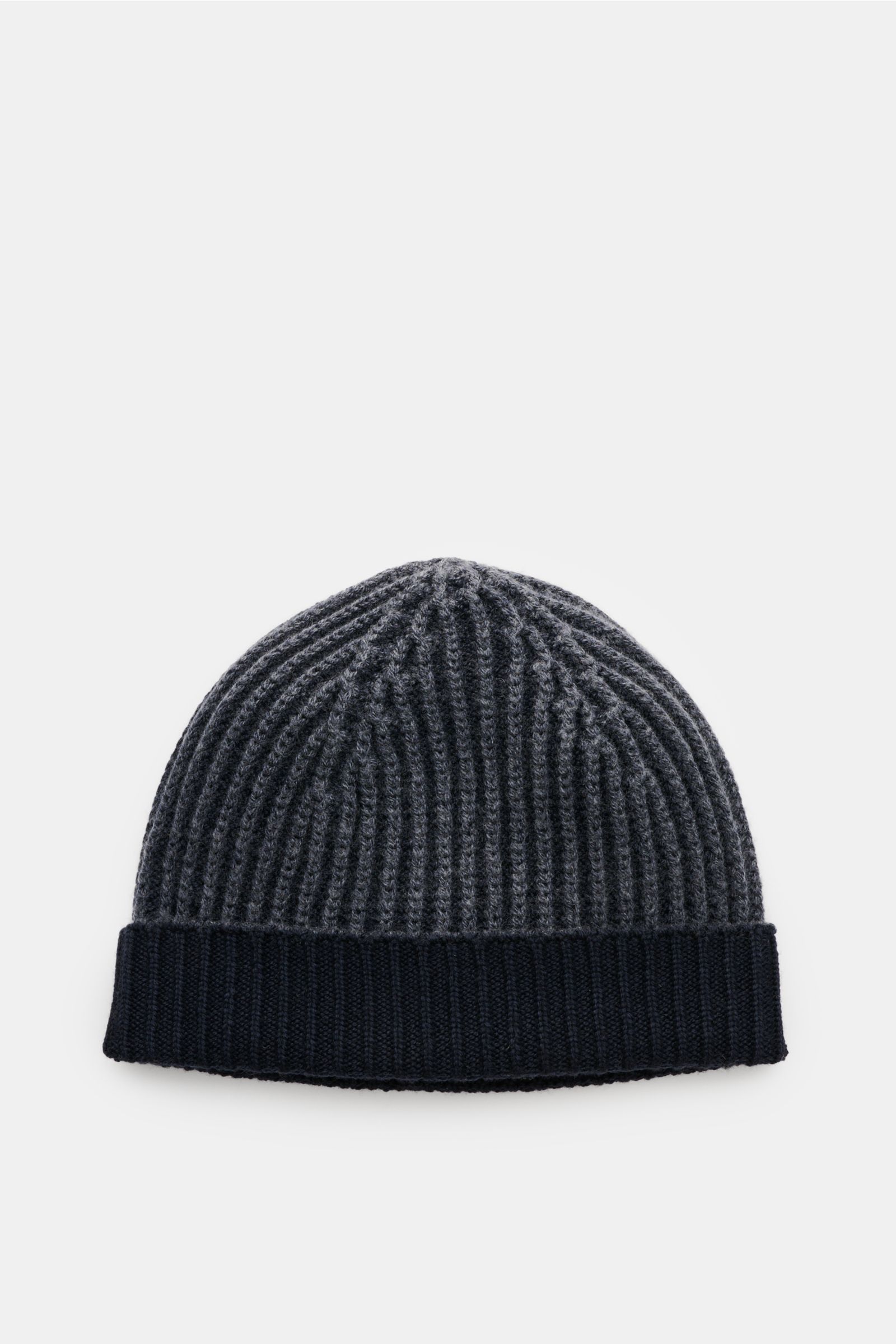 Front-facing view of the 04651/ A trip in a bag Wool beanie 'Foggy Hat' navy showing its rib knit pattern and small turn-up cuff.