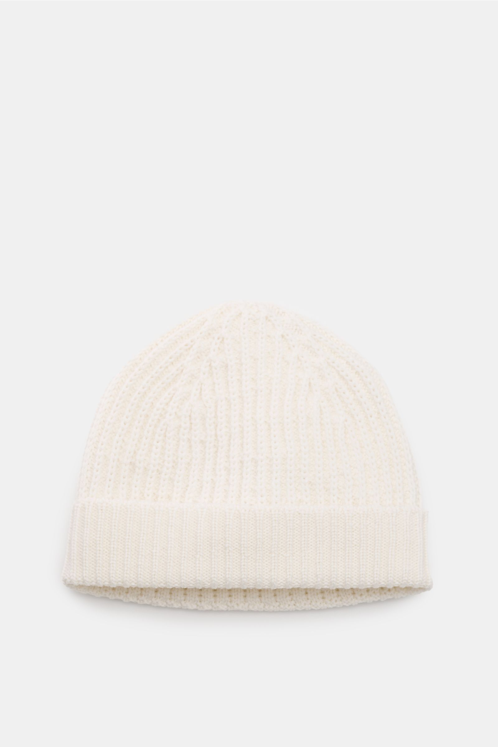 04651/ A trip in a bag Wollmütze 'Foggy Hat' creme, von oben fotografiert, reine Wolle, weicher Griff, garment dyed, Rippstrick, schmaler Umschlag