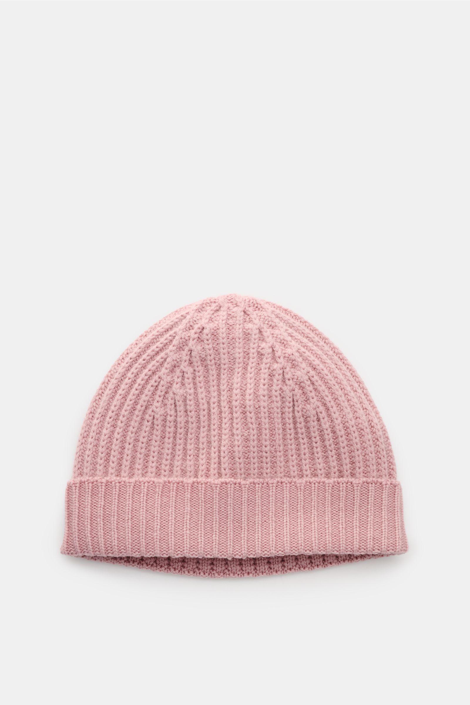 Top-down view of the 04651/ A trip in a bag Wollmütze 'Foggy Hat' altrosa, a stylish vintage-look wool beanie with soft feel, garment dyed and ribbed pattern, narrow cuff.

Description: Stilvolles Winter-Essential: Die 'Foggy Hat' Wollmütze von 04651/ 