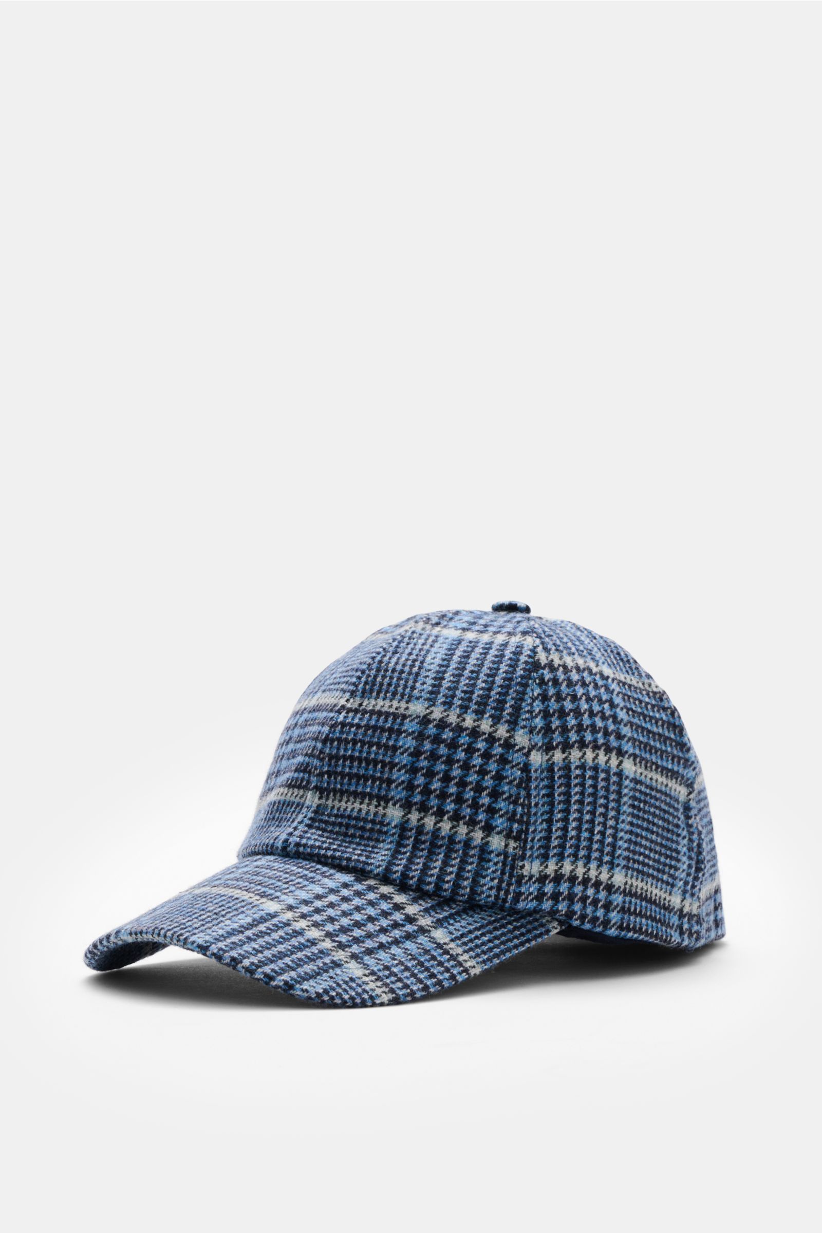 04651/ A trip in a bag Baseball-Cap 'Check' rauchblau/schwarz/hellgrau kariert, Glencheckmuster, Six-Panel, verstellbar, seitlich fotografiert.