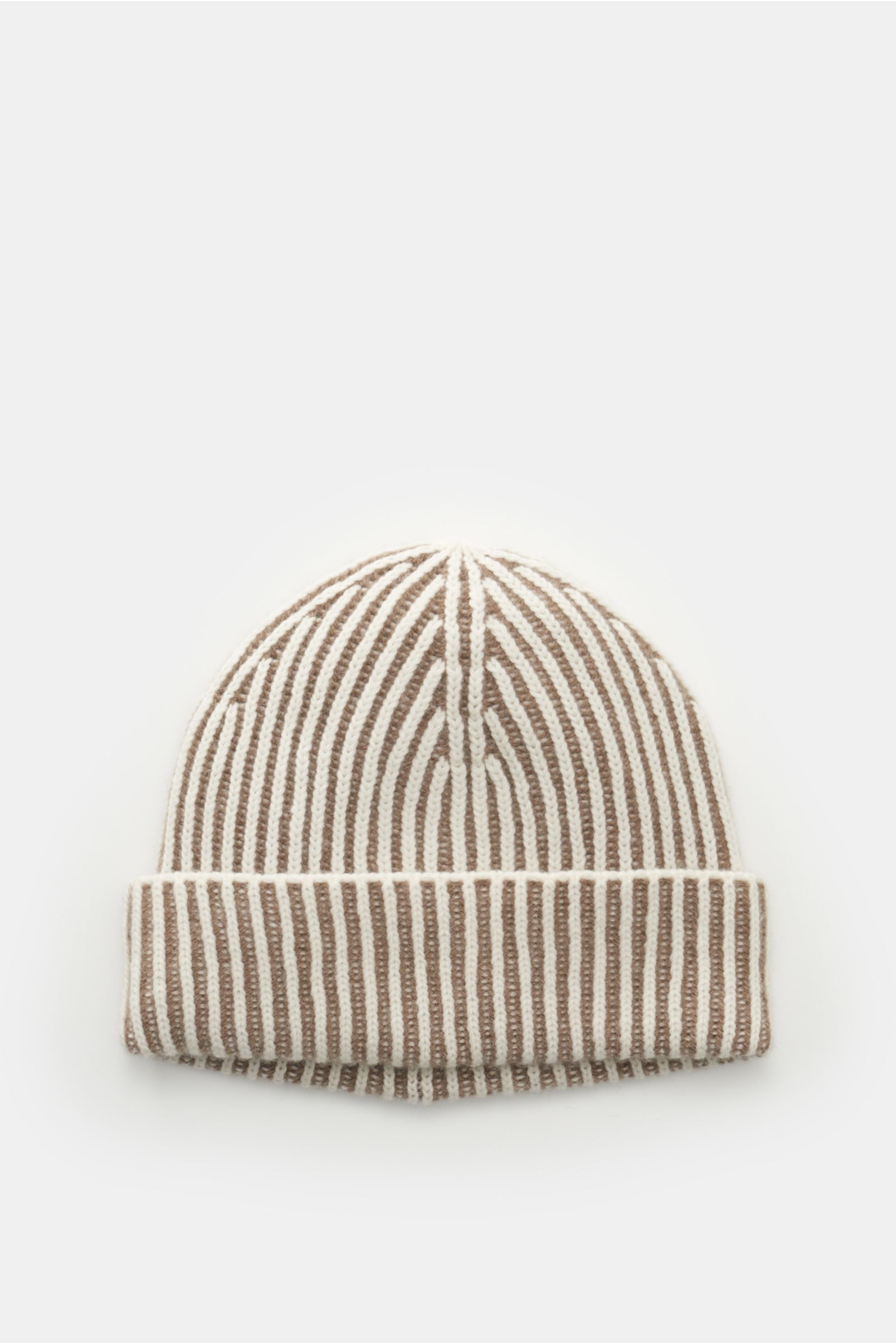 Moorer Beanie 'Davis-WSV' white/taupe striped shown from above, featuring a blend of wool and cashmere, very soft feel, two-tone brioche pattern, chunky knit, and small woven label in the seam.