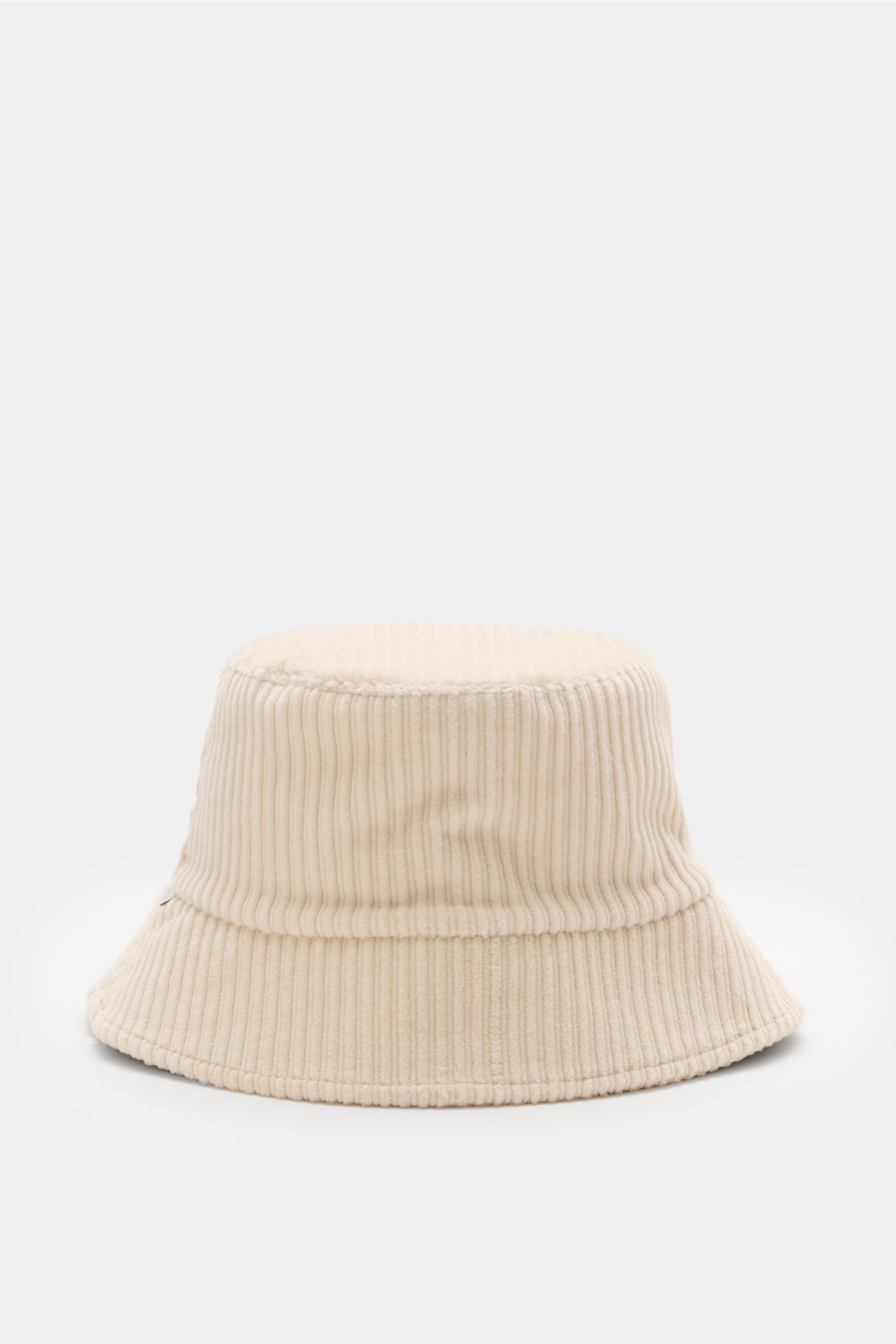 Vorderansicht des cremefarbenen 04651/ A trip in a bag Cord Bucket Hat aus softem Baumwoll-Cord mit schmaler Krempe und Fleecefutter.