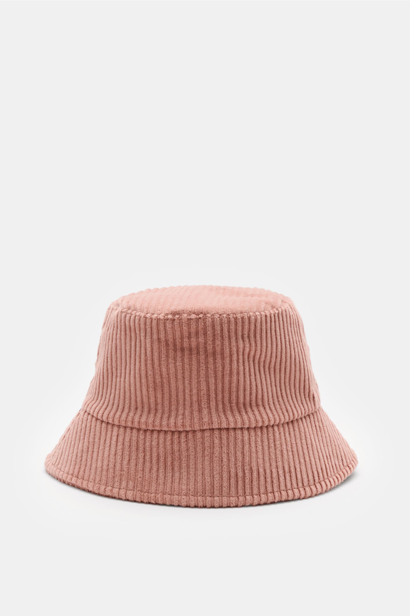 04651/ A trip in a bag Cord Bucket Hat altrosa aus softem Baumwoll-Cord mit schmaler Krempe, Fleece-Futter und kleinem Weblabel, frontal fotografiert.