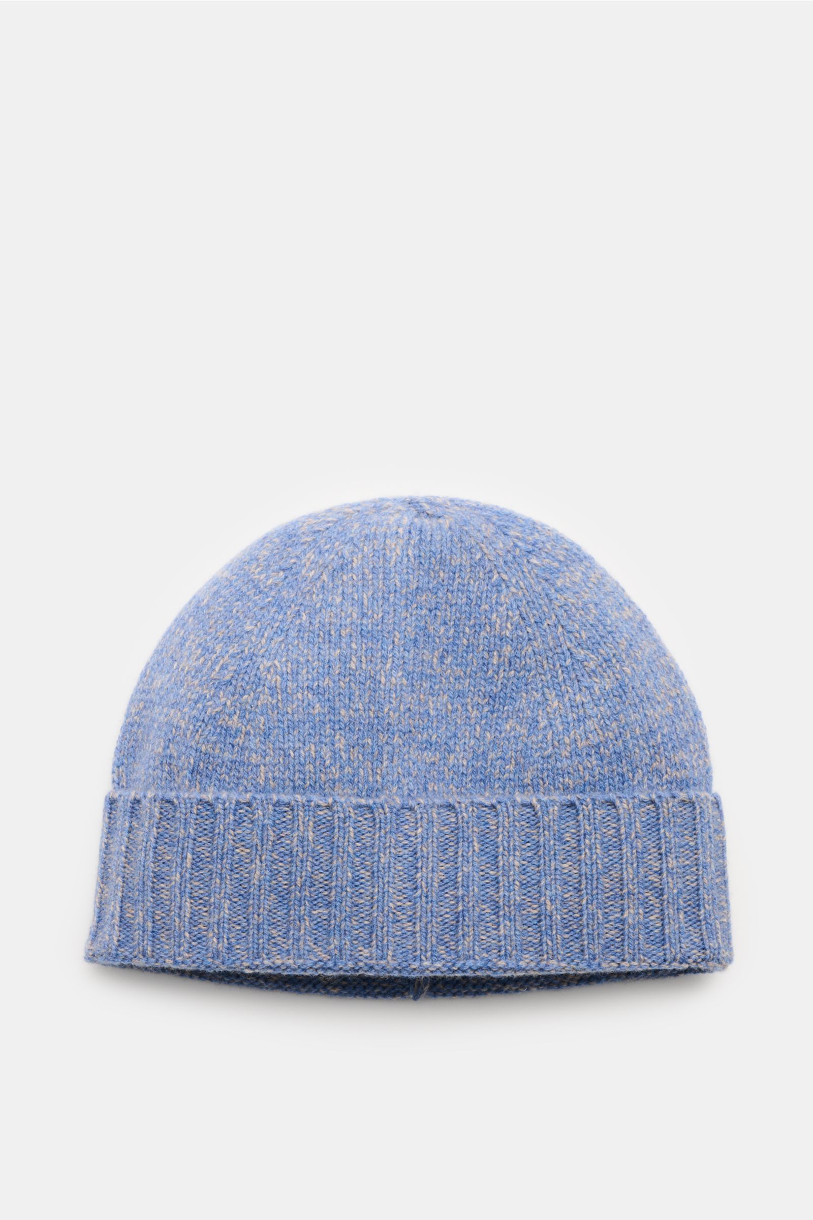 Front-facing view of the 04651/ A trip in a bag Beanie 'Mouline Hat' smoky blue/beige mottled, a wool-cashmere blend beanie with a wide turn-up and soft feel. Stylish all winter long: Create comfortable yet stylish outfits even on cold days with this luxu