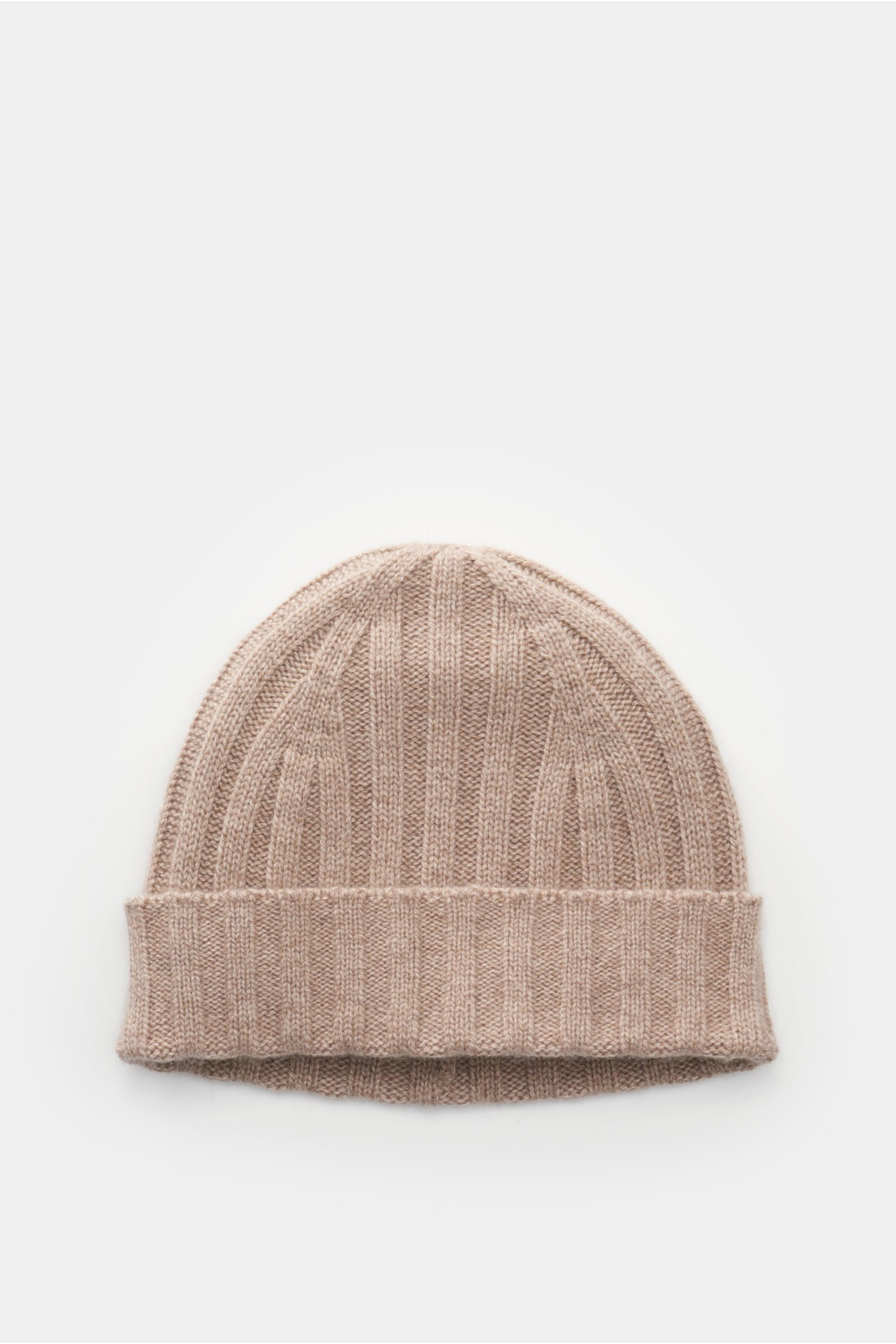 von Braun Cashmere Mütze beige meliert, feines Rippstrickmuster, schmaler Umschlag, sehr weicher Griff, aus reinem mongolischem Cashmere, Draufsicht