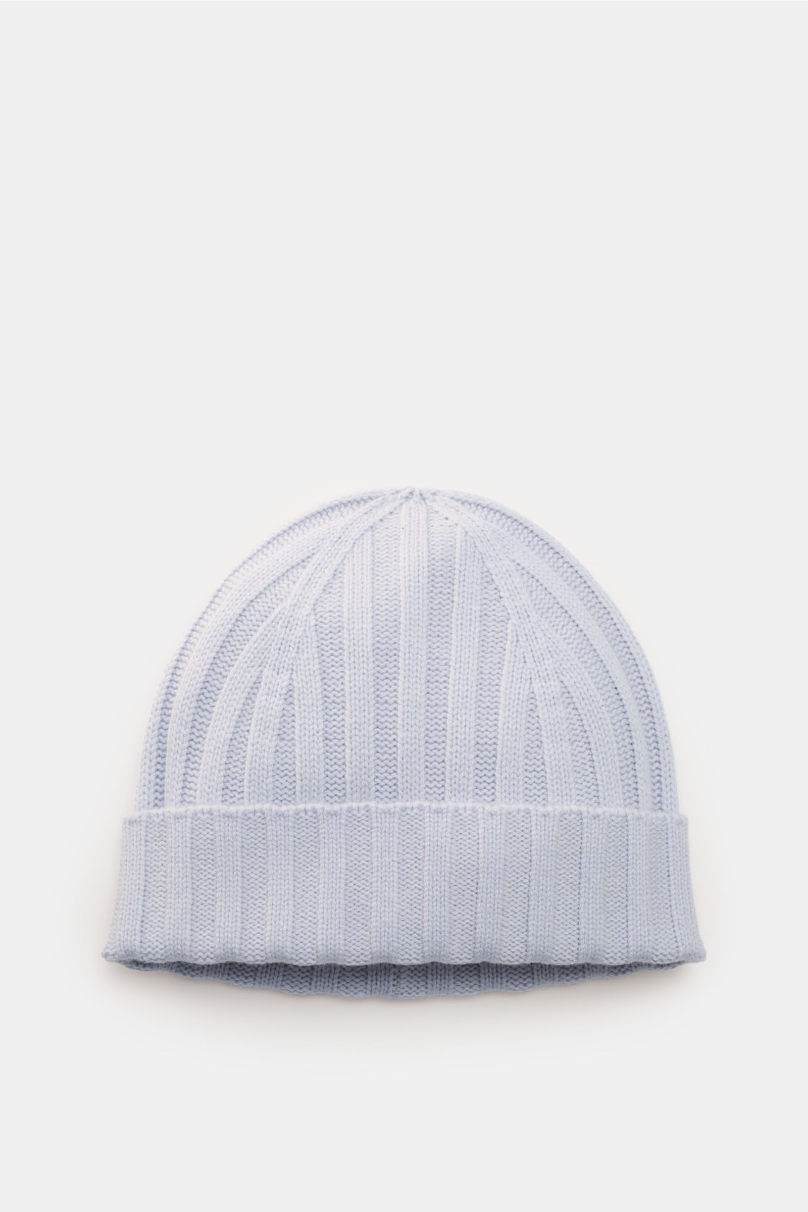 von Braun Cashmere beanie light blue shown from above, featuring pure cashmere, very soft feel, fine knit, classic rib knit pattern, and small turn-up, perfect for winter coats or down jackets.