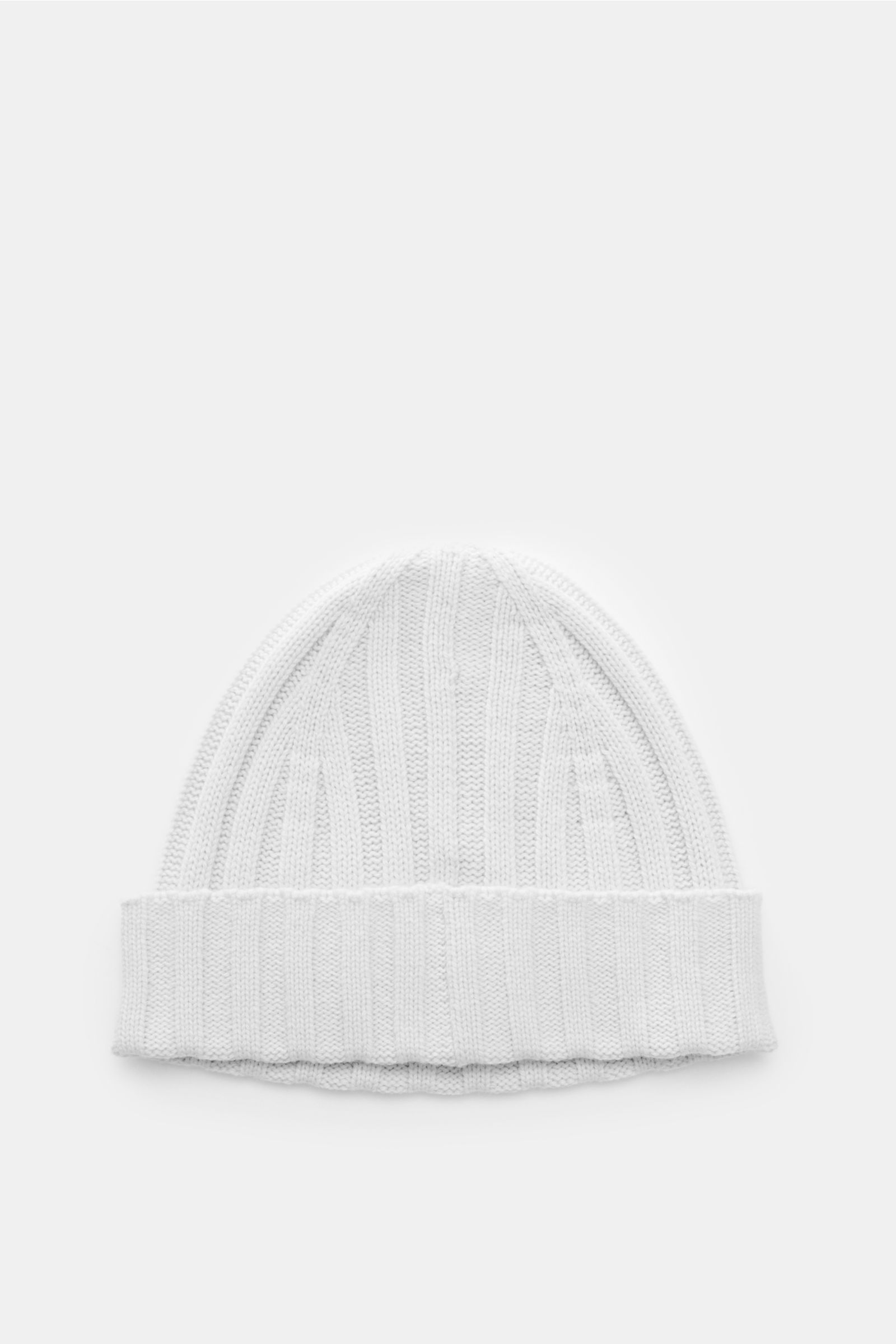 von Braun Cashmere Mütze hellgrau, aus reinem mongolischem Cashmere mit feinem Rippstrickmuster, schmalem Umschlag, weich, von oben fotografiert