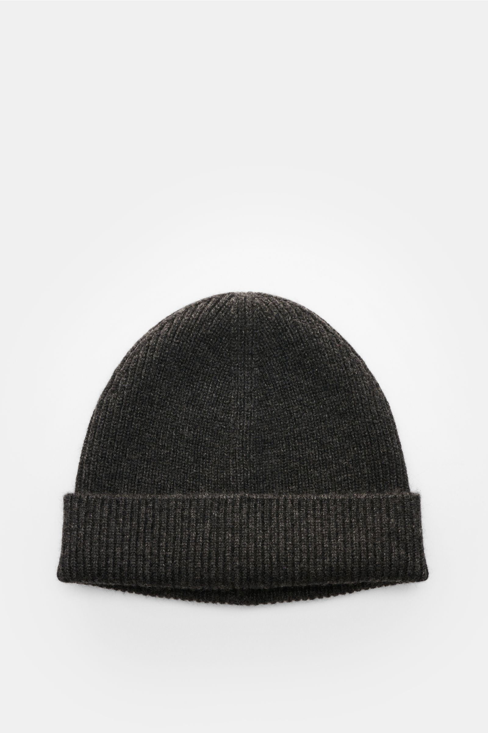 von Braun Cashmere beanie anthracite mottled shown from above, soft pure cashmere in fine brioche knit with small turn-up, ideal for winter coats or down jackets.