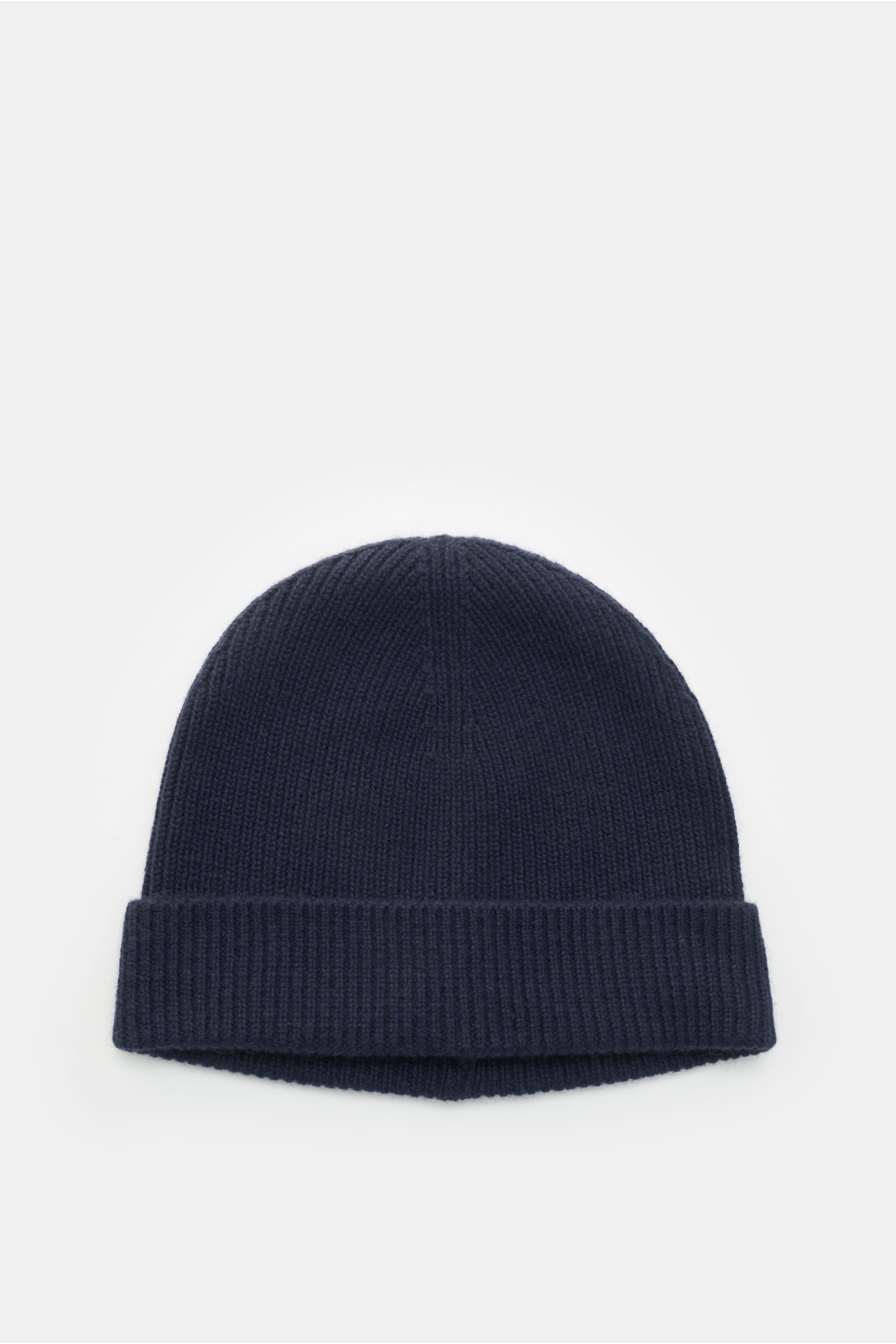 von Braun Cashmere beanie navy shown from above, soft pure cashmere with fine brioche knit, small turn-up, ideal for winter coats or down jackets.