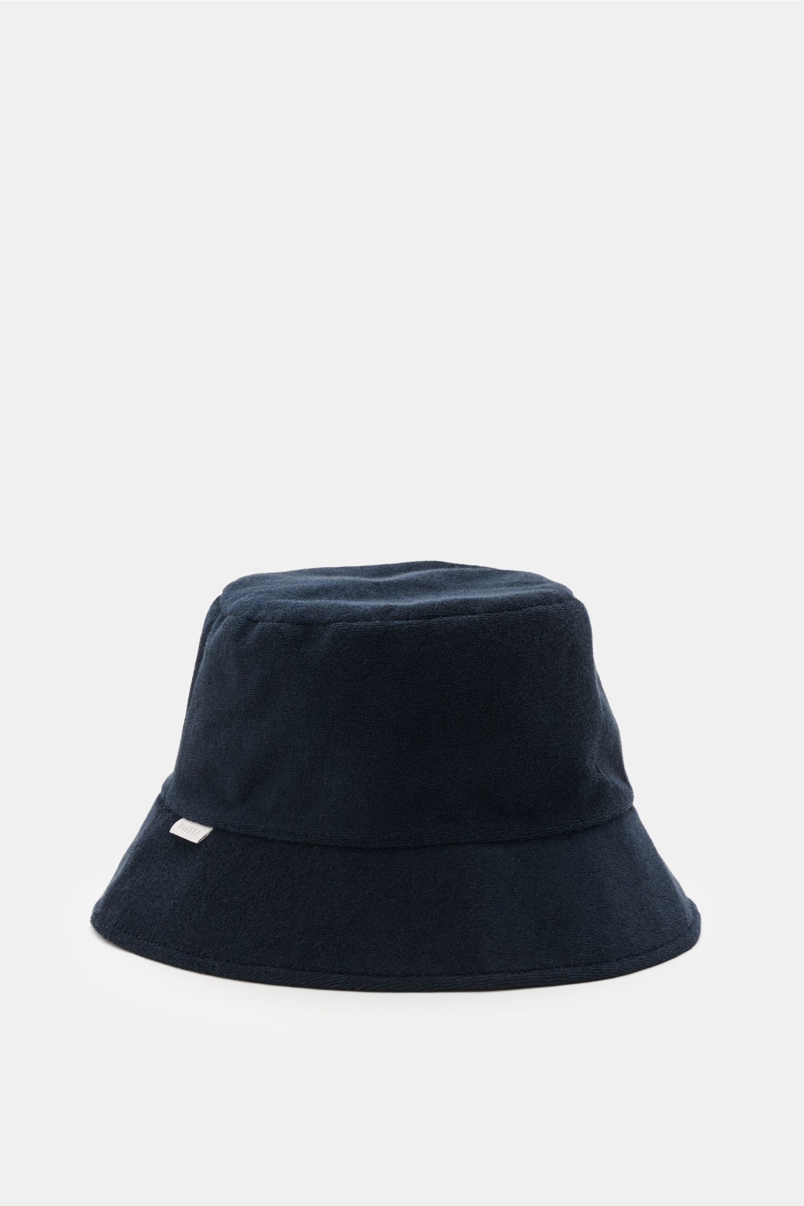 04651/ A trip in a bag Wende-Frottee Bucket Hat navy aus elastischer Baumwolle, wendbar, mit schmaler Krempe, weichem Griff, Weblabel, Frontansicht.