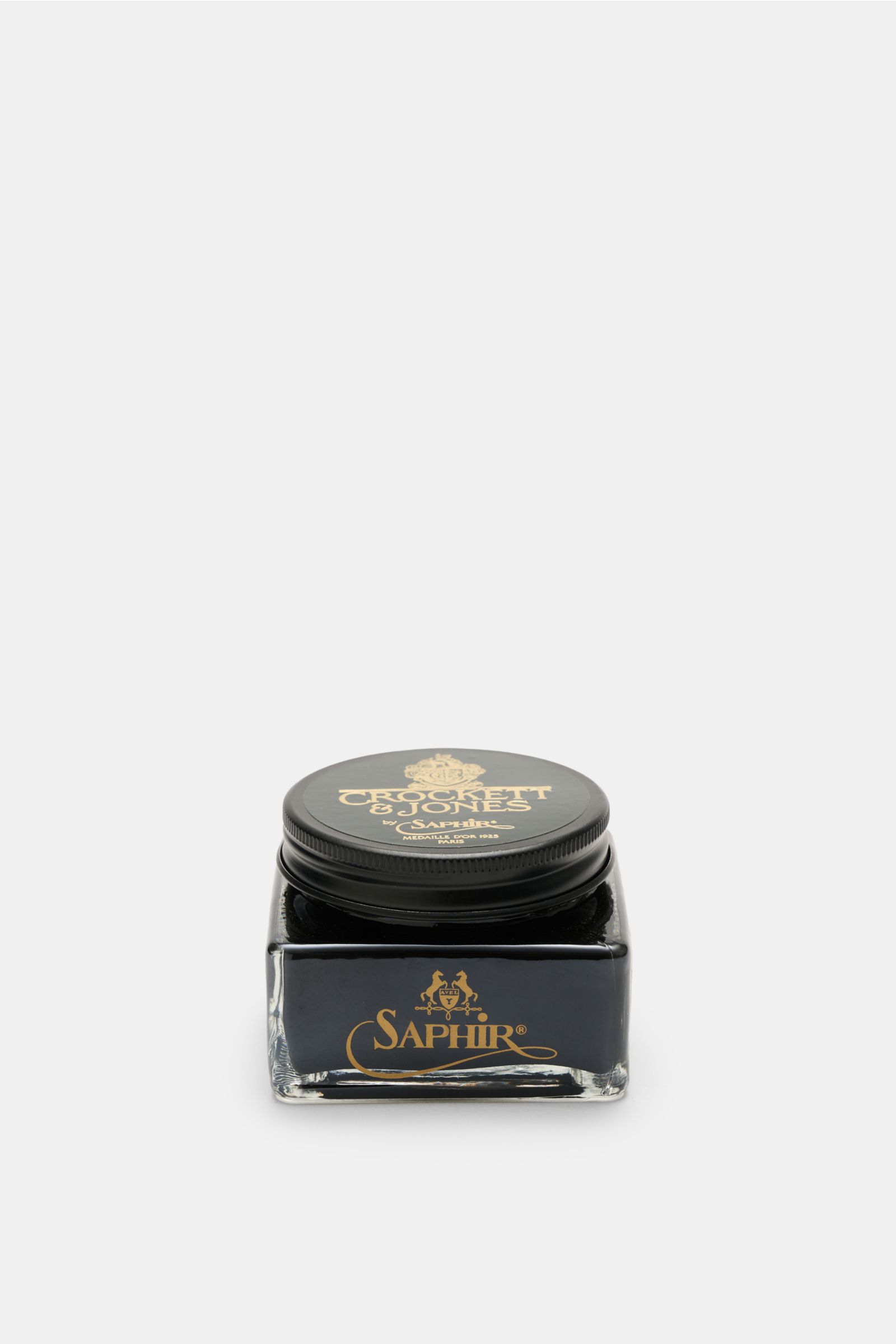 Front view of Crockett & Jones Shoe polish black 75 ml jar by Saphir, a cream polish that nourishes, protects, and shines leather.