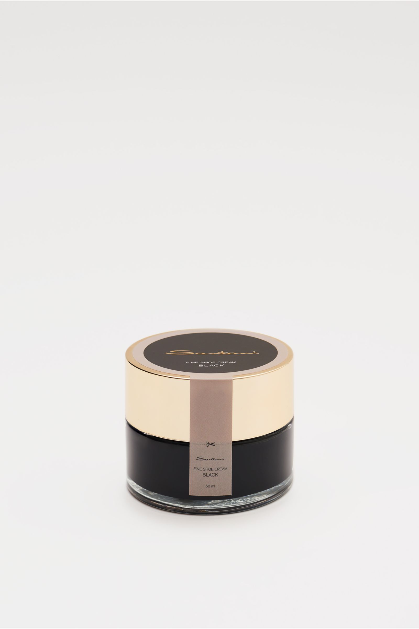 Santoni Schuhcreme schwarz 50 ml shown from a slightly elevated front view; essential shoe cream for smooth leather with high wax content, keeps leather supple, refreshes color and shine, made in Italy.