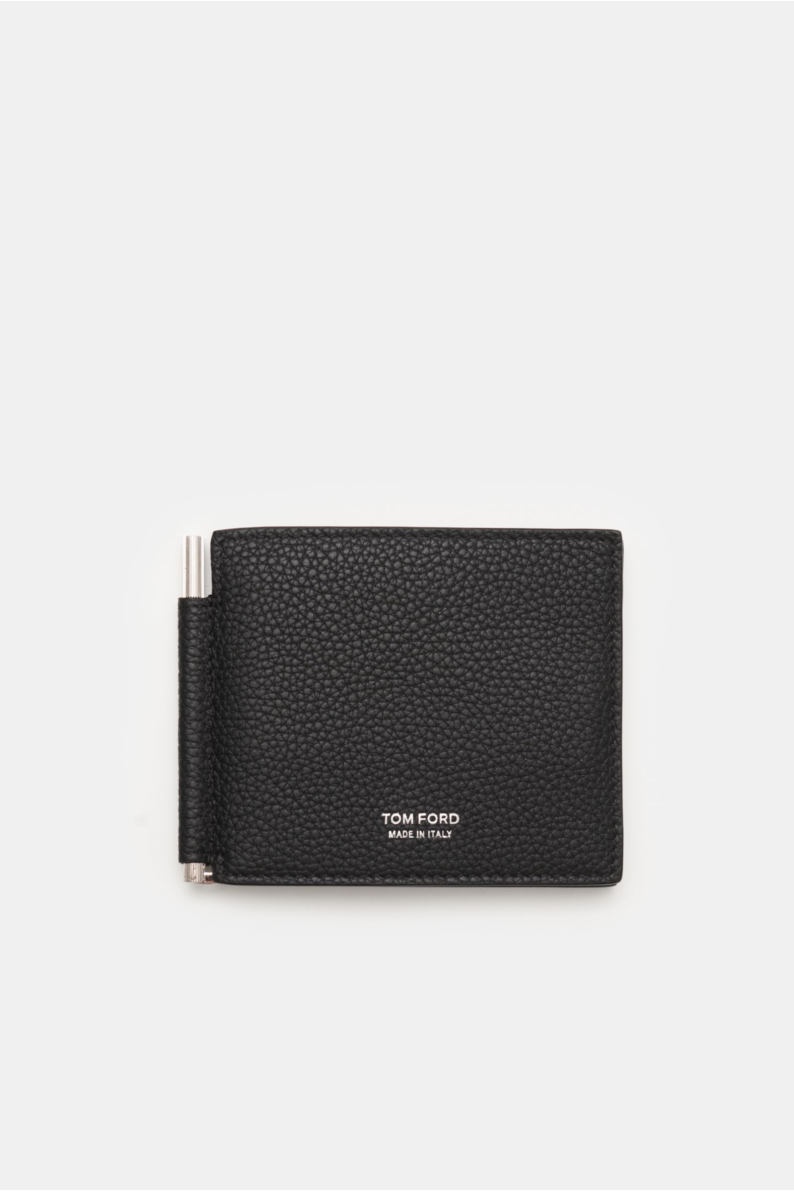 Top-down view of Tom Ford Credit card holder black in grained calfskin with silver-coloured TOM FORD embossing and brass cash clip.

This practical case in fine calfskin and with high-quality brass hardware by TOM FORD embodies the luxury status of a s