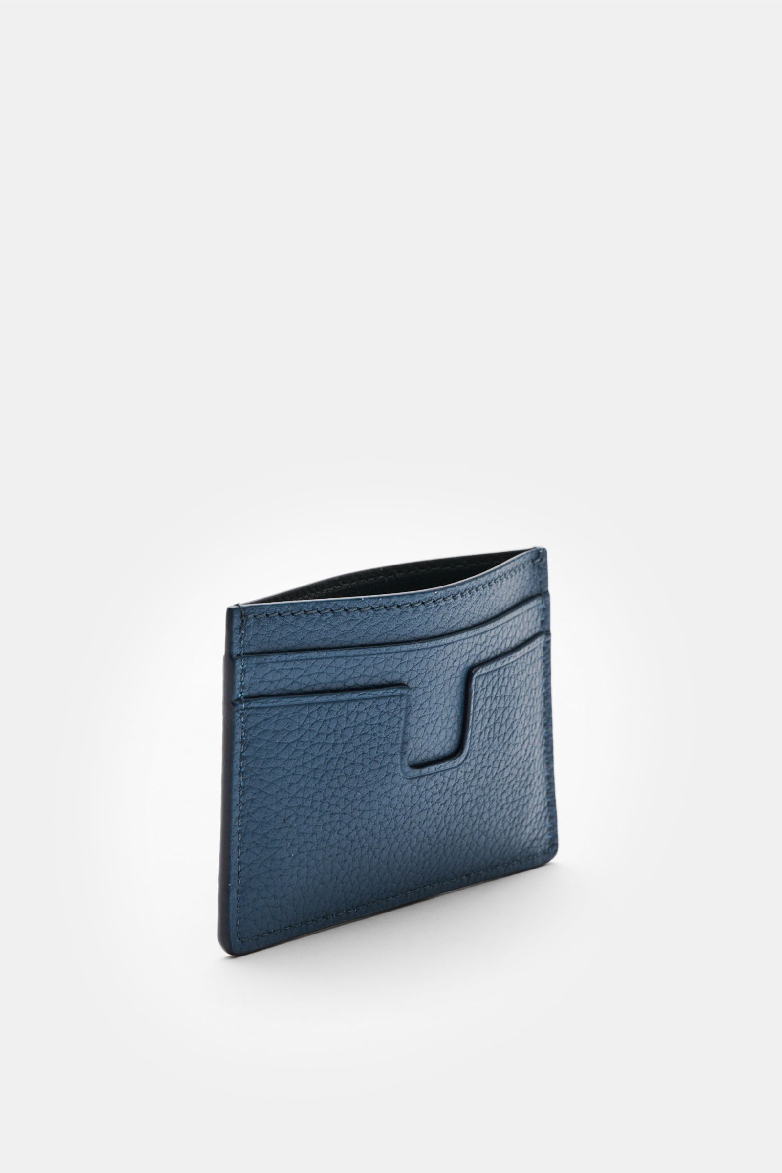 Tom Ford Kartenetui graublau aus genarbtem Kalbleder, seitliche Perspektive, fünf Steckfächer, Mittelfach, silberfarbene Prägung, ca. 10x7 cm.