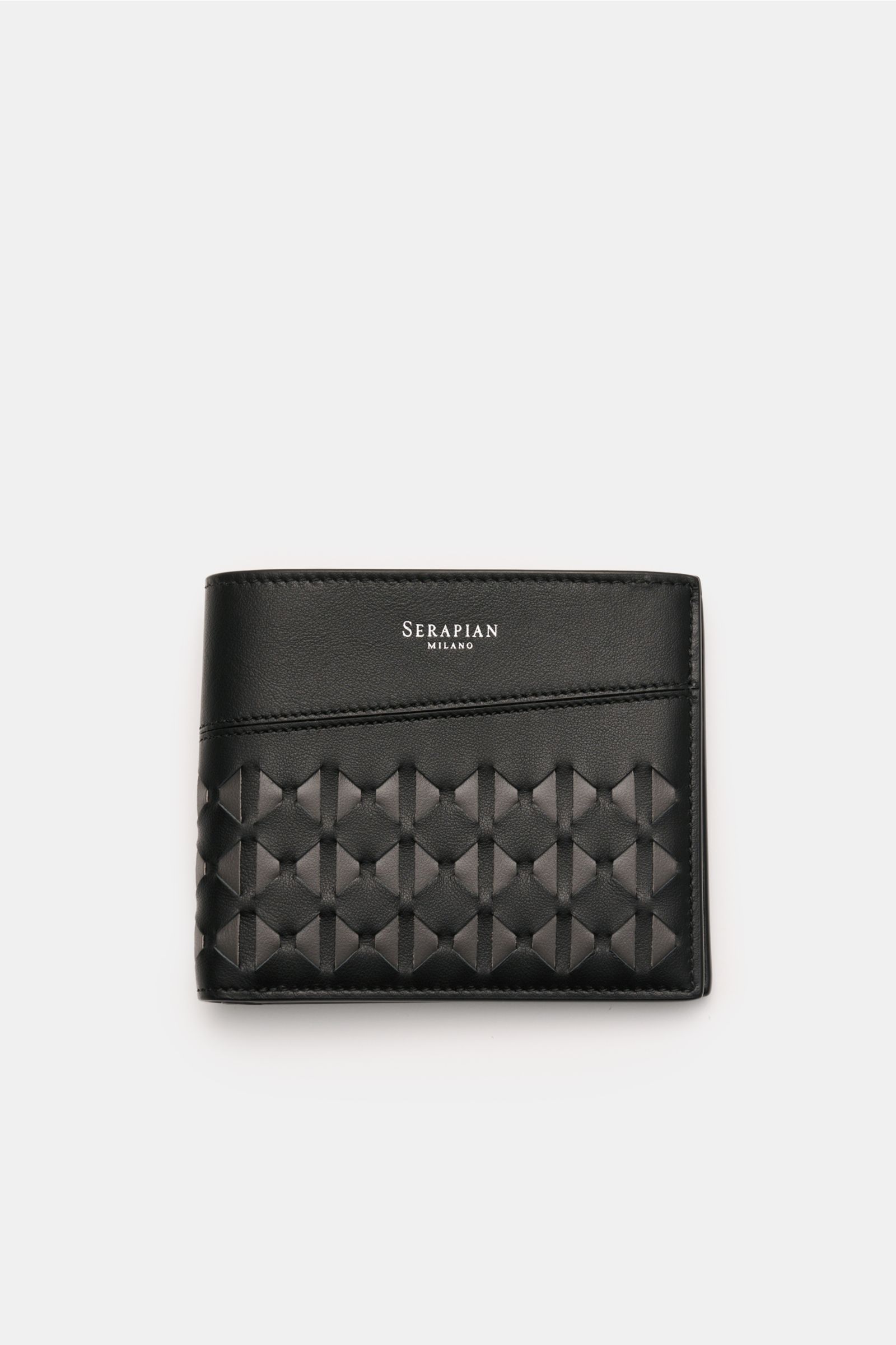 Front view of Serapian Portemonnaie 'Mosaico' schwarz/dunkelgrau, a stylish foldable wallet in smooth leather with fine grain and signature mosaic design.

Description: Stilvoll verstaut: Das klappbare Portemonnaie von SERAPIAN aus edlem Glattleder präsen