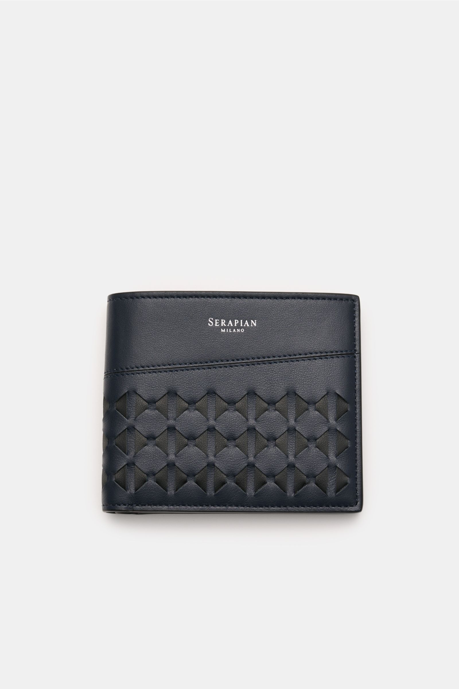 Serapian Portemonnaie 'Mosaico' navy/schwarz aus edlem Glattleder mit feiner Narbung, Mosaico-Design, silberfarbener Prägung, frontal fotografiert.