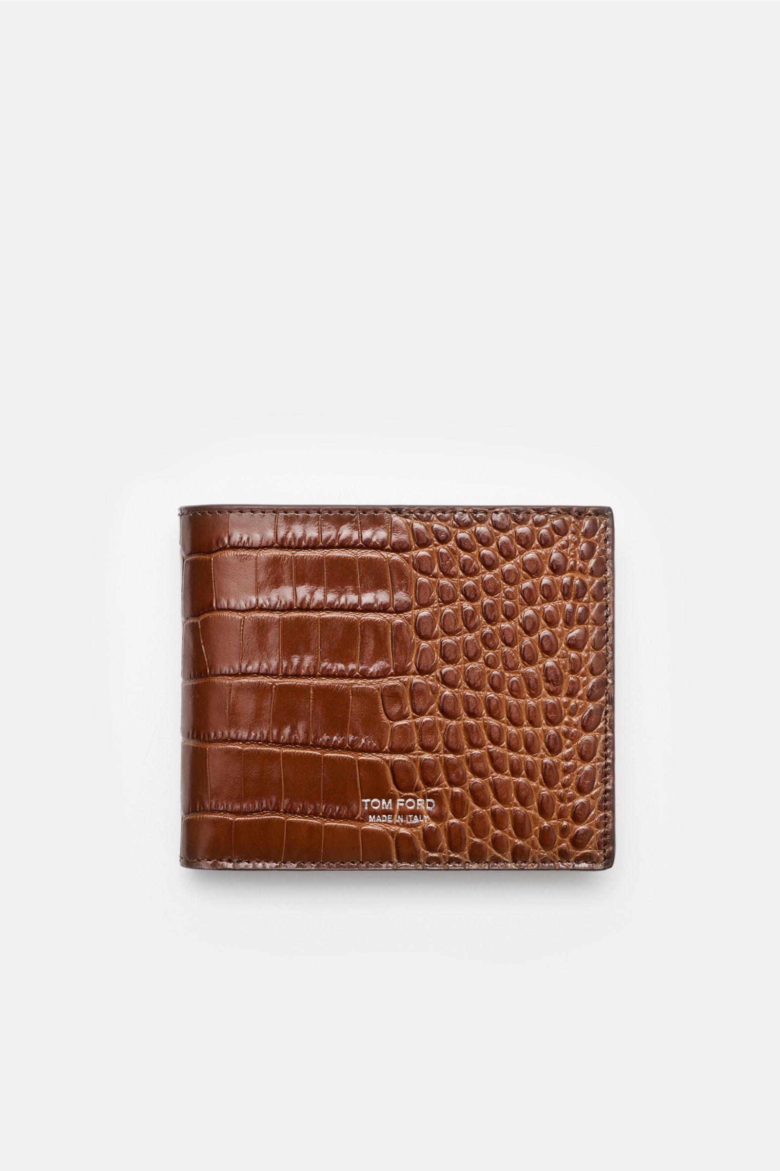 Von oben fotografiertes Tom Ford Portemonnaie braun aus hochwertigem Kalbleder im Reptilien-Look mit dezenter TOM FORD-Prägung.