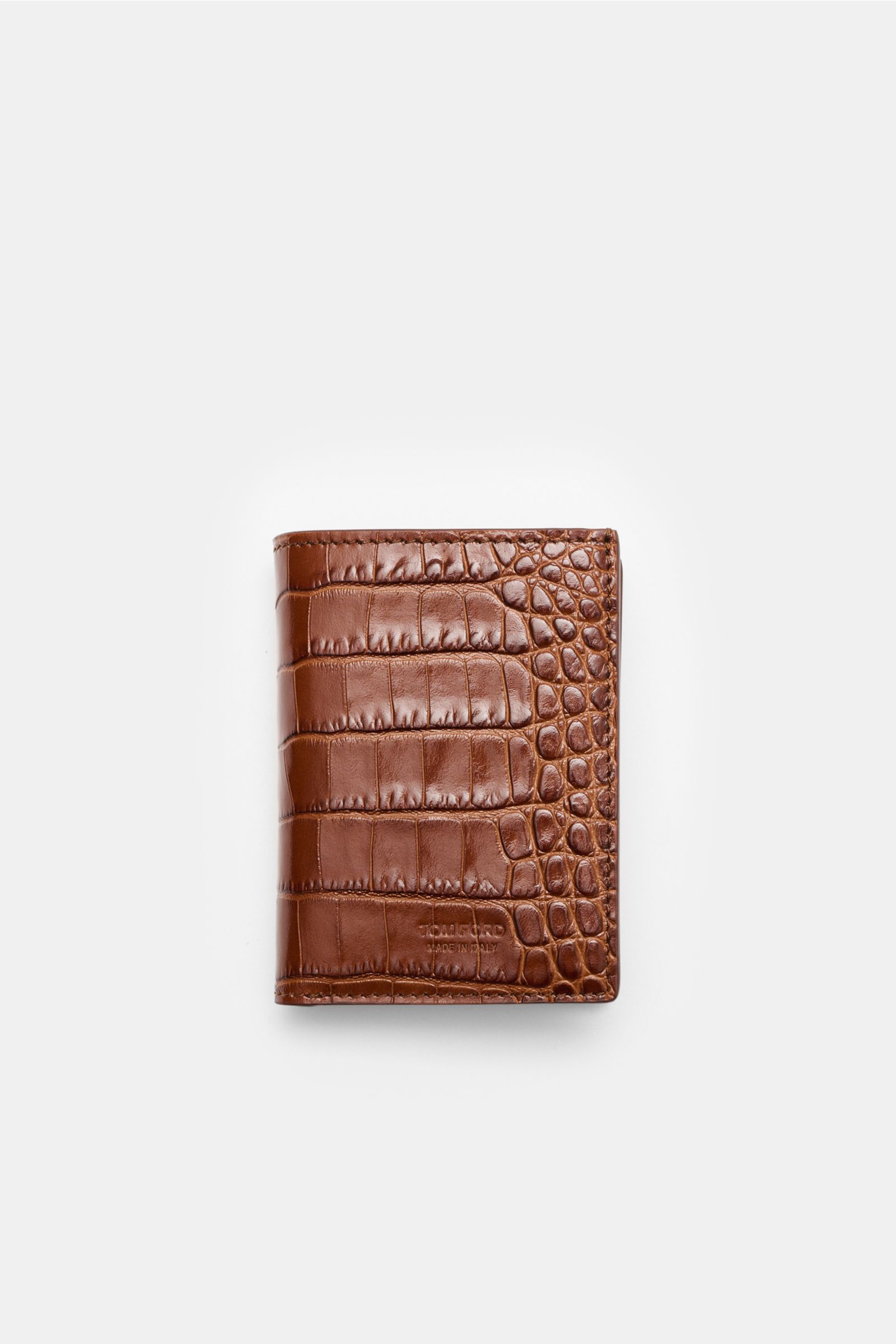 Tom Ford Portemonnaie braun aus edlem Kalbleder im Reptilien-Look, frontale Draufsicht, dezente Logo-Prägung, kompakt und elegant.