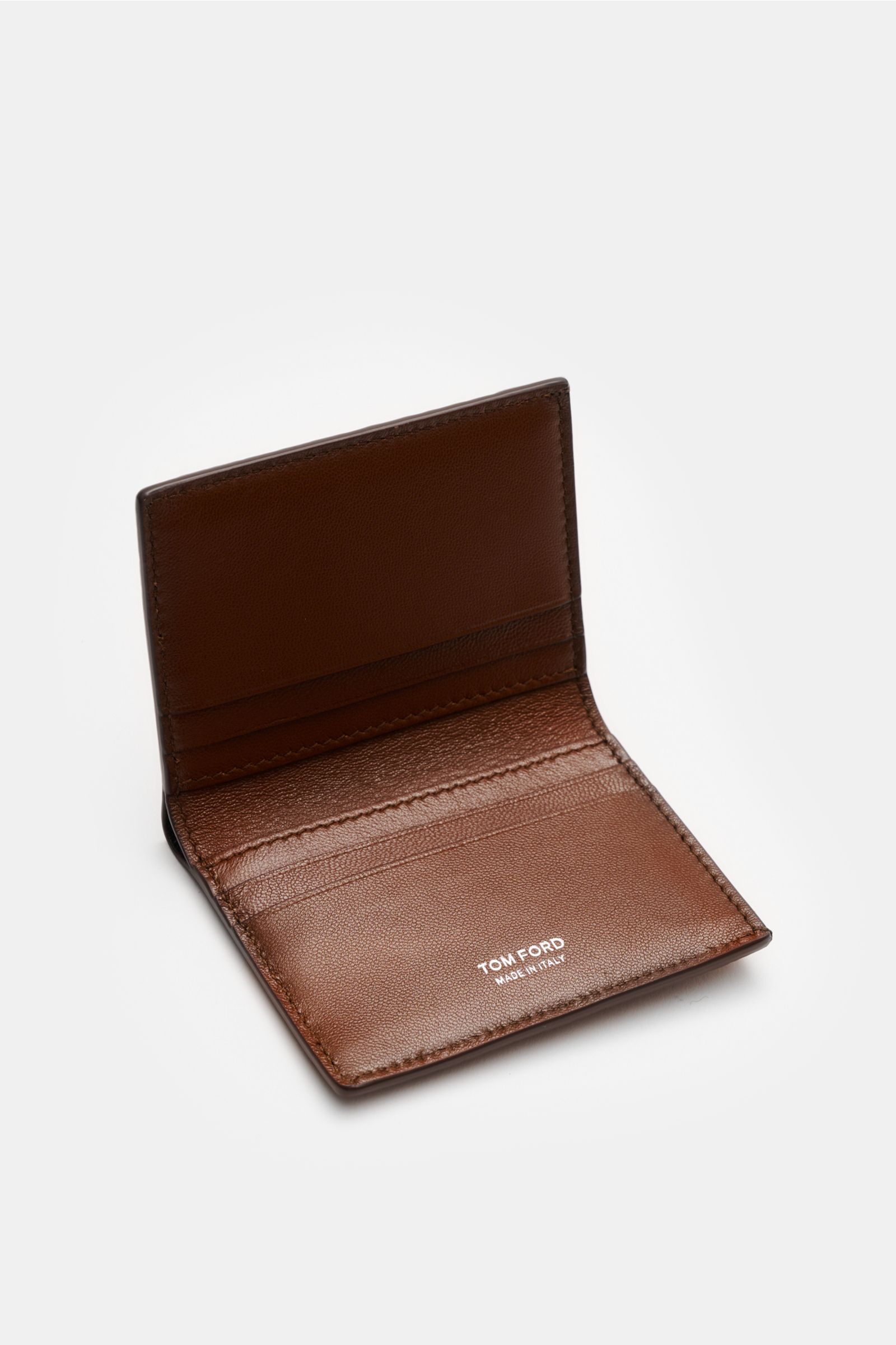 Tom Ford Portemonnaie braun aus edlem Kalbleder im Reptilien-Look, offen fotografiert mit sechs Kartenfächern und dezenter Logo-Prägung.