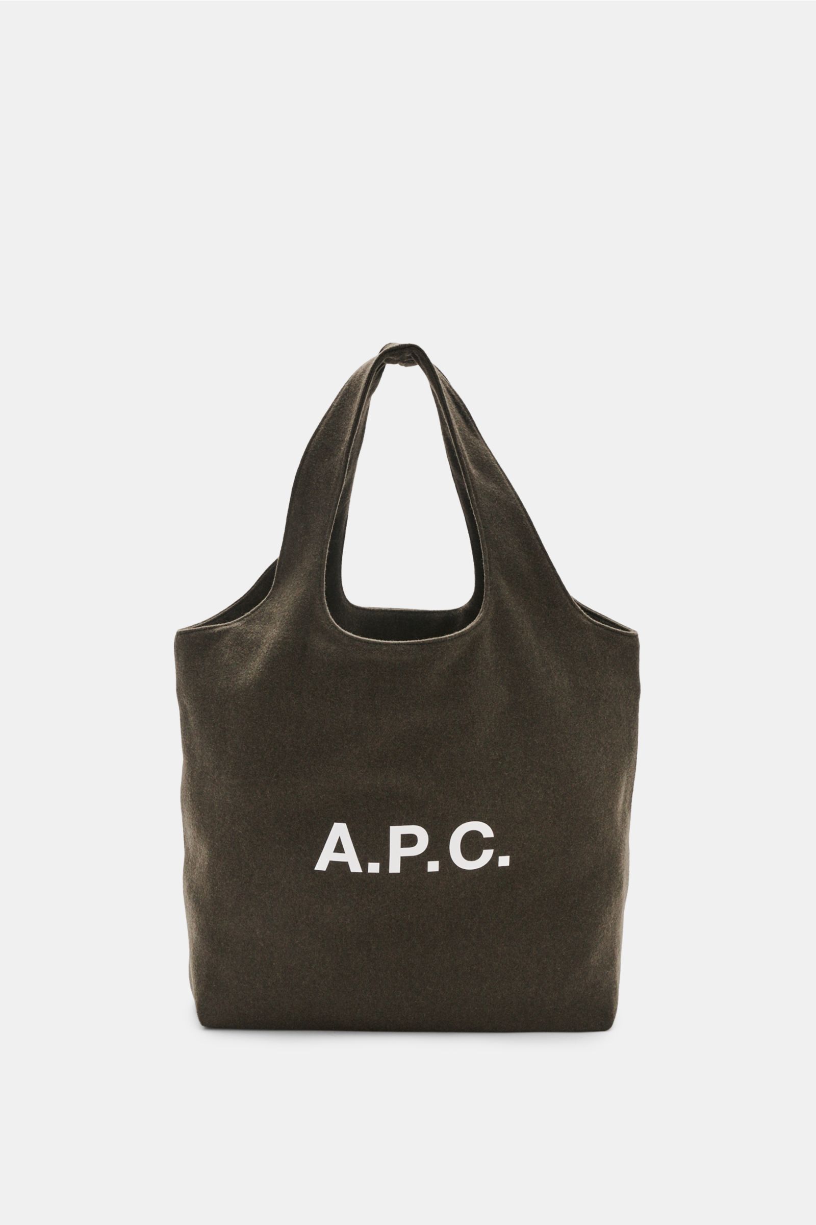 A.P.C. Shopper 'Ninon' dark olive aus Woll-Microfaser-Cashmere-Mix, große Front mit Logo-Print, breite Henkel, geräumiges Hauptfach, Steckfach, ca. 48x36x17 cm, frontale Perspektive.