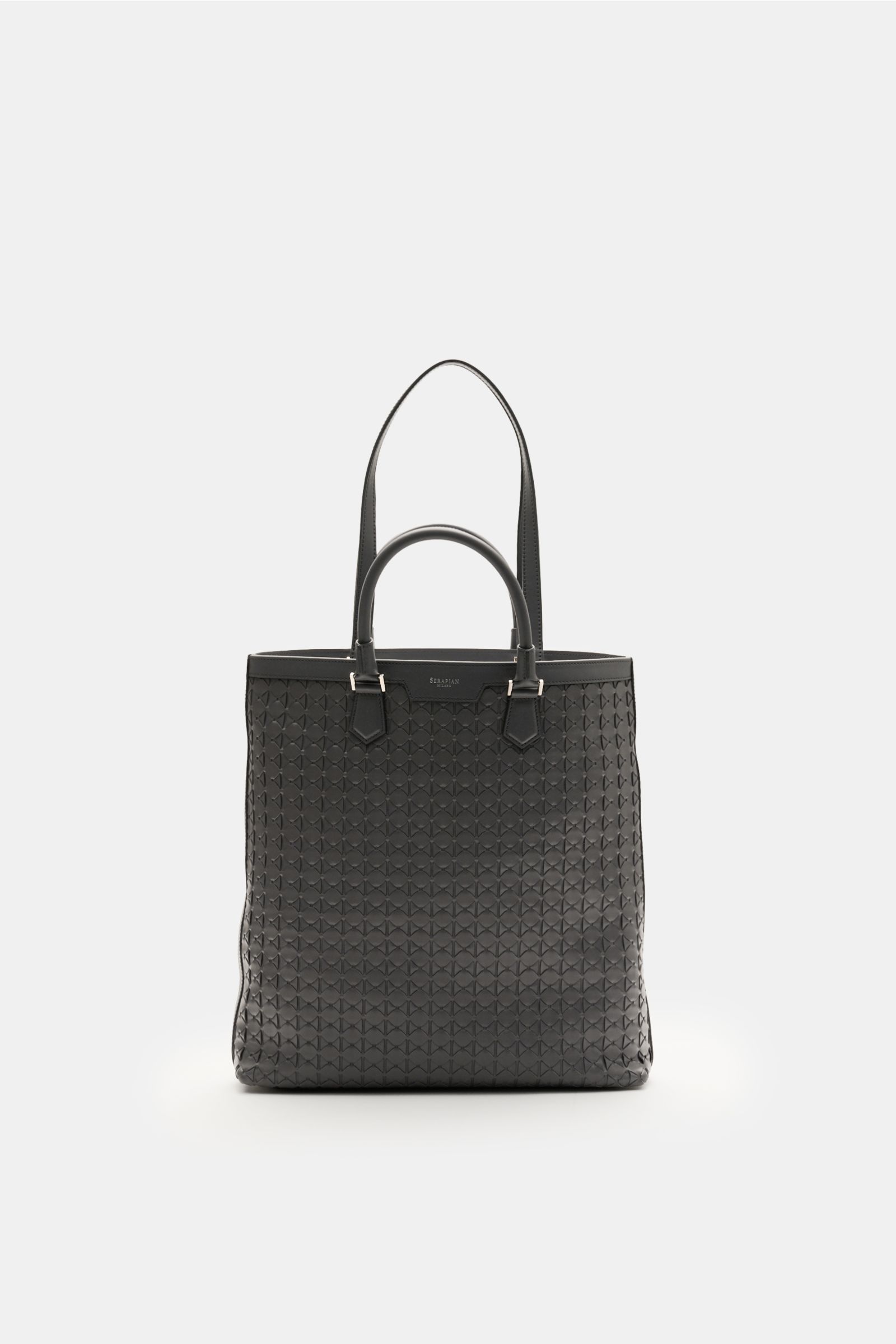 Front view of the Serapian Tote Bag dunkelgrau, featuring handwoven Mosaico leather, silver hardware, sturdy handles and shoulder strap, open main compartment, two inner pockets, laptop compartment, approx. 39 x 38 x 8 cm. Luxuriöser Allrounder: Die Tote 