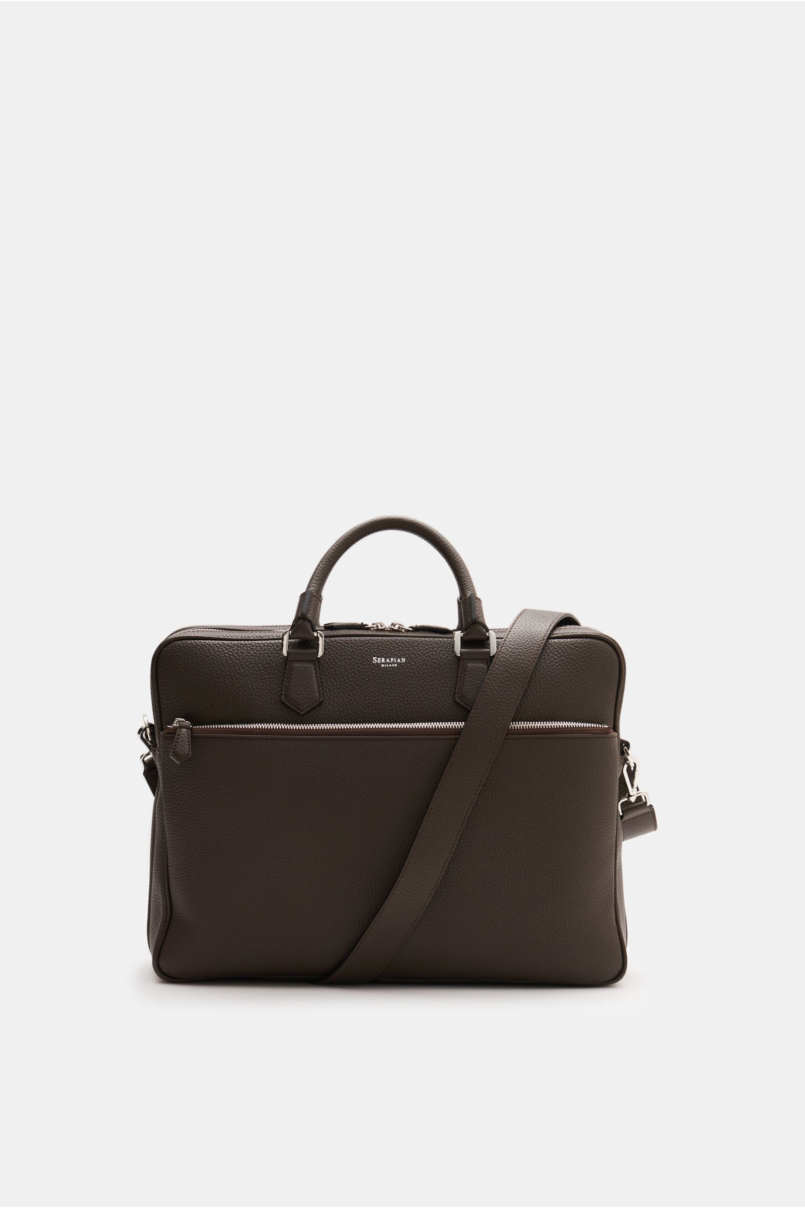 Front view of Serapian Briefcase dark brown made of distinctively grained calf leather with silver hardware, robust handles, detachable shoulder strap, outside zip compartment, and embossed logo, featuring divided main compartment, inside zip compartments