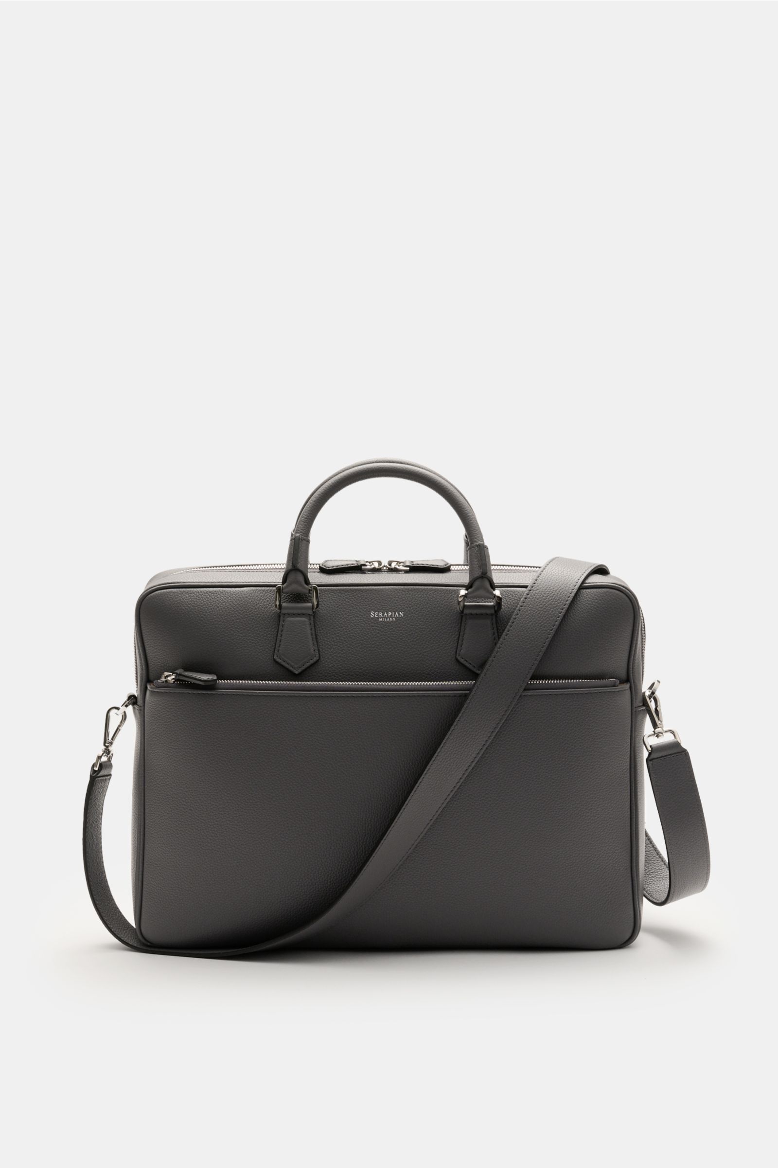 Front view of Serapian Aktentasche grau, a luxurious briefcase in soft, grained calf leather with silver hardware, zipper pockets, adjustable strap, and logo.