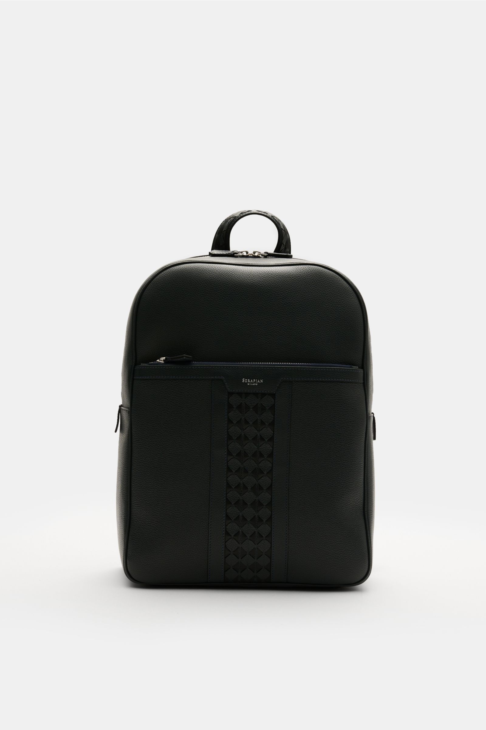 Front view of Serapian Rucksack navy in grained smooth leather with silver hardware, woven 'Mosaico' accents, zippered outer pocket, and sturdy straps.

Description: Luxuriöser Begleiter in allen Situationen: Mit seinem Stauraum und den Akzenten in han