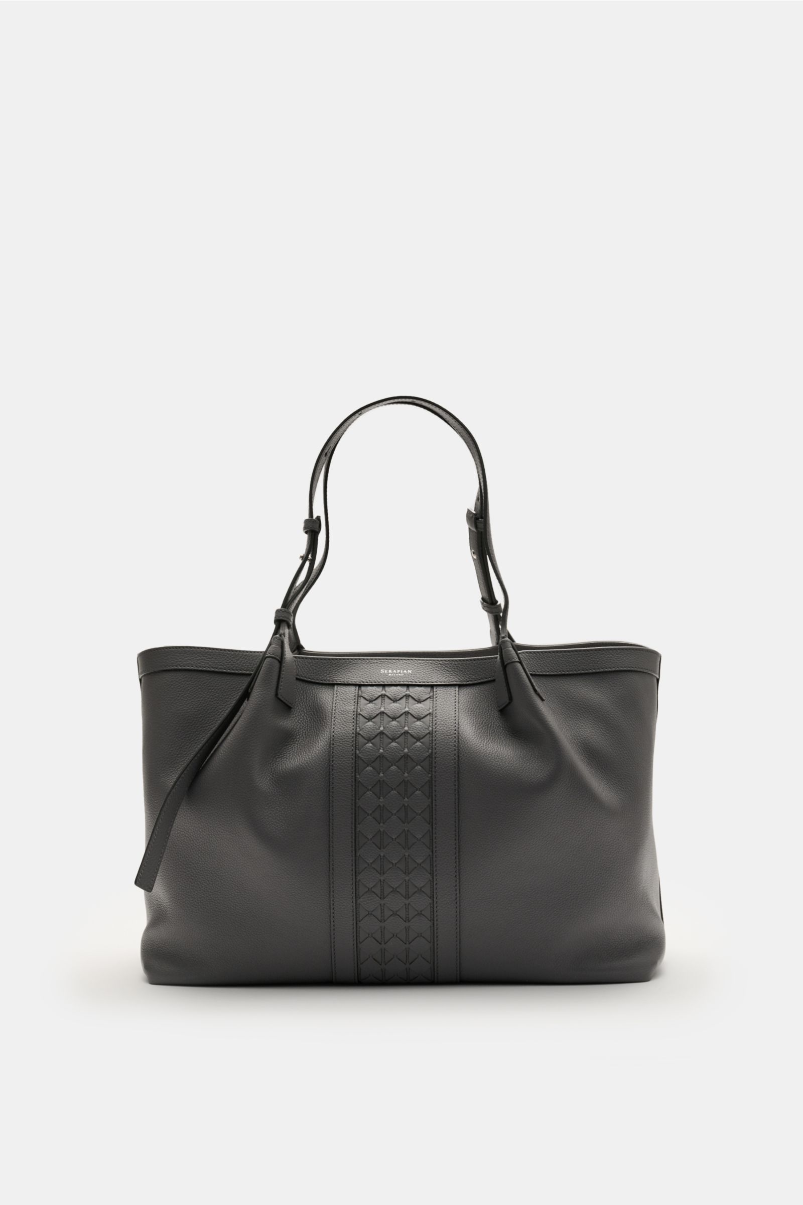 Front view of Serapian Shopper grau in dark grey cashmere leather with 'Mosaico' pattern, adjustable handles, silver hardware, and logo embossing.
