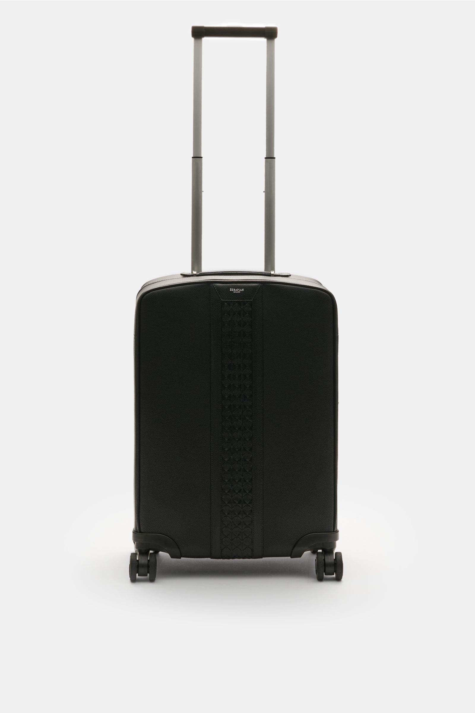 Serapian Leder Trolley schwarz frontal fotografiert mit Teleskopgriff, markant genarbtem Leder, Mosaico-Akzenten, TSA-Schloss und vier Rollen.