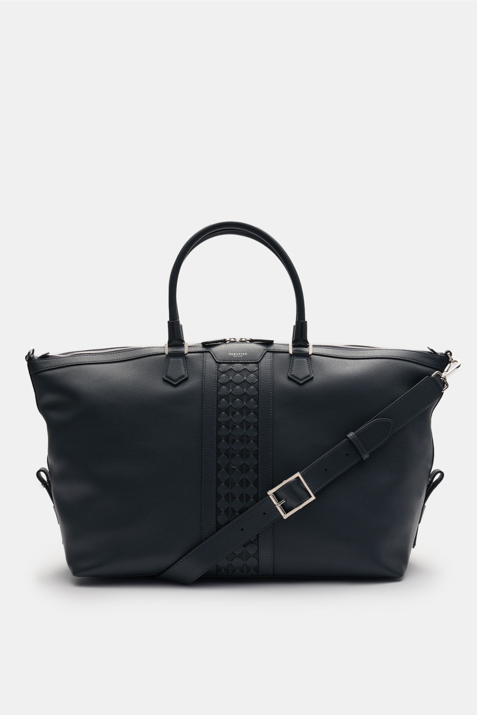 Serapian Weekender navy aus gewalktem Kalbsleder mit Mosaico-Einsätzen, silberfarbener Hardware, zwei Griffen, Schultergurt, frontal, ca. 60x33x23 cm.