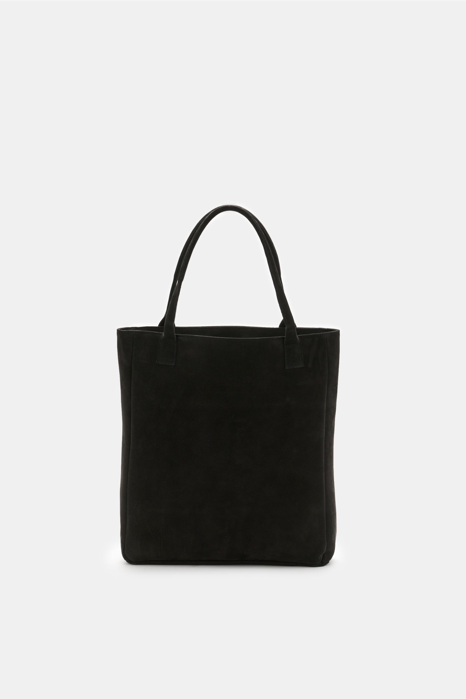 Front view of the 04651/ A trip in a bag Tote-Bag schwarz, made of marked grained nubuck leather with robust handles, spacious main compartment, zippered inner pocket, laptop compartment, black lining, and embossed 04651/- logo, measuring approx. 42 x 36 