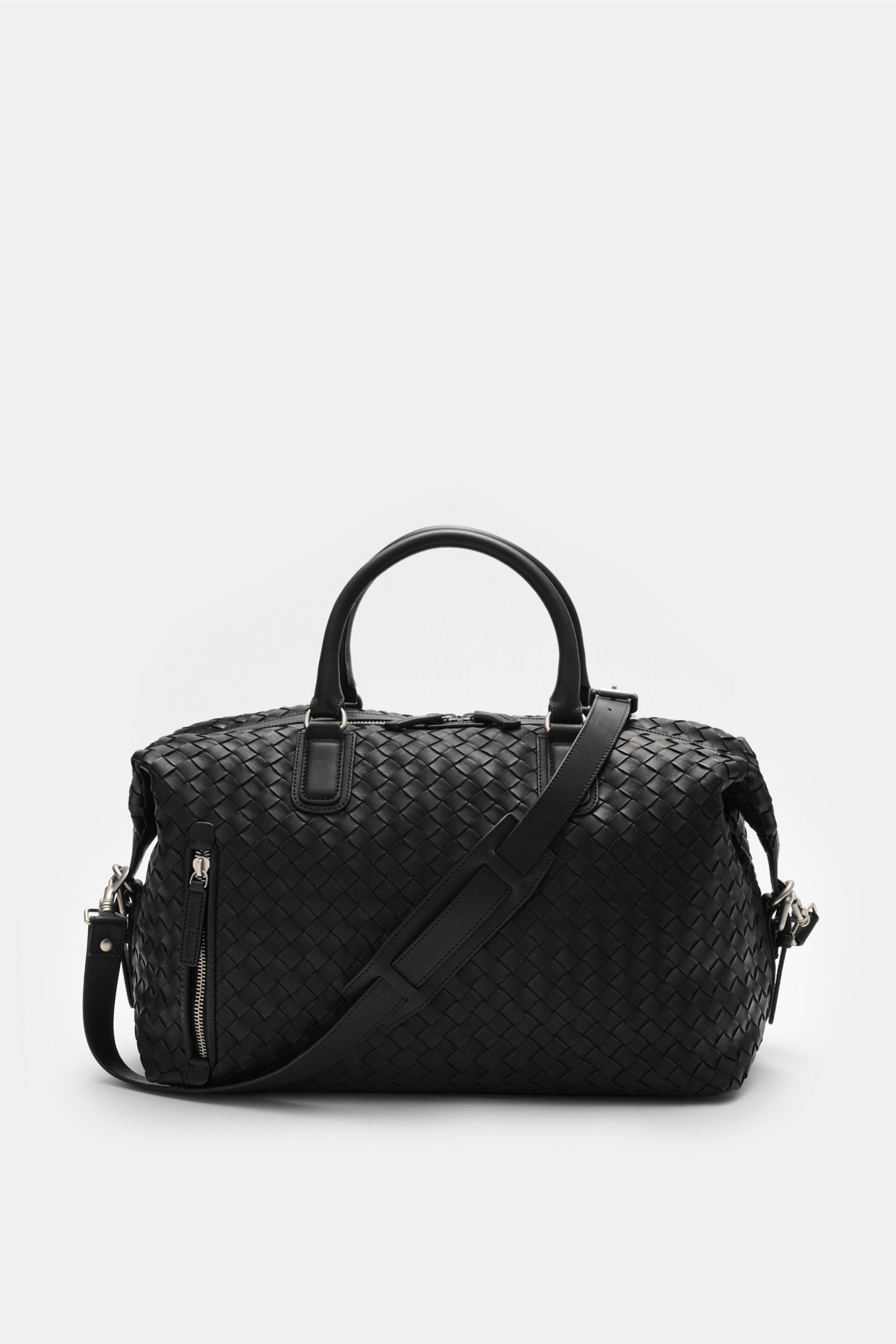 Officine Creative Weekender schwarz aus fein genarbtem, gewebtem Leder mit matter Hardware, robusten Griffen, Schultergurt, Reißverschluss, Frontfach.