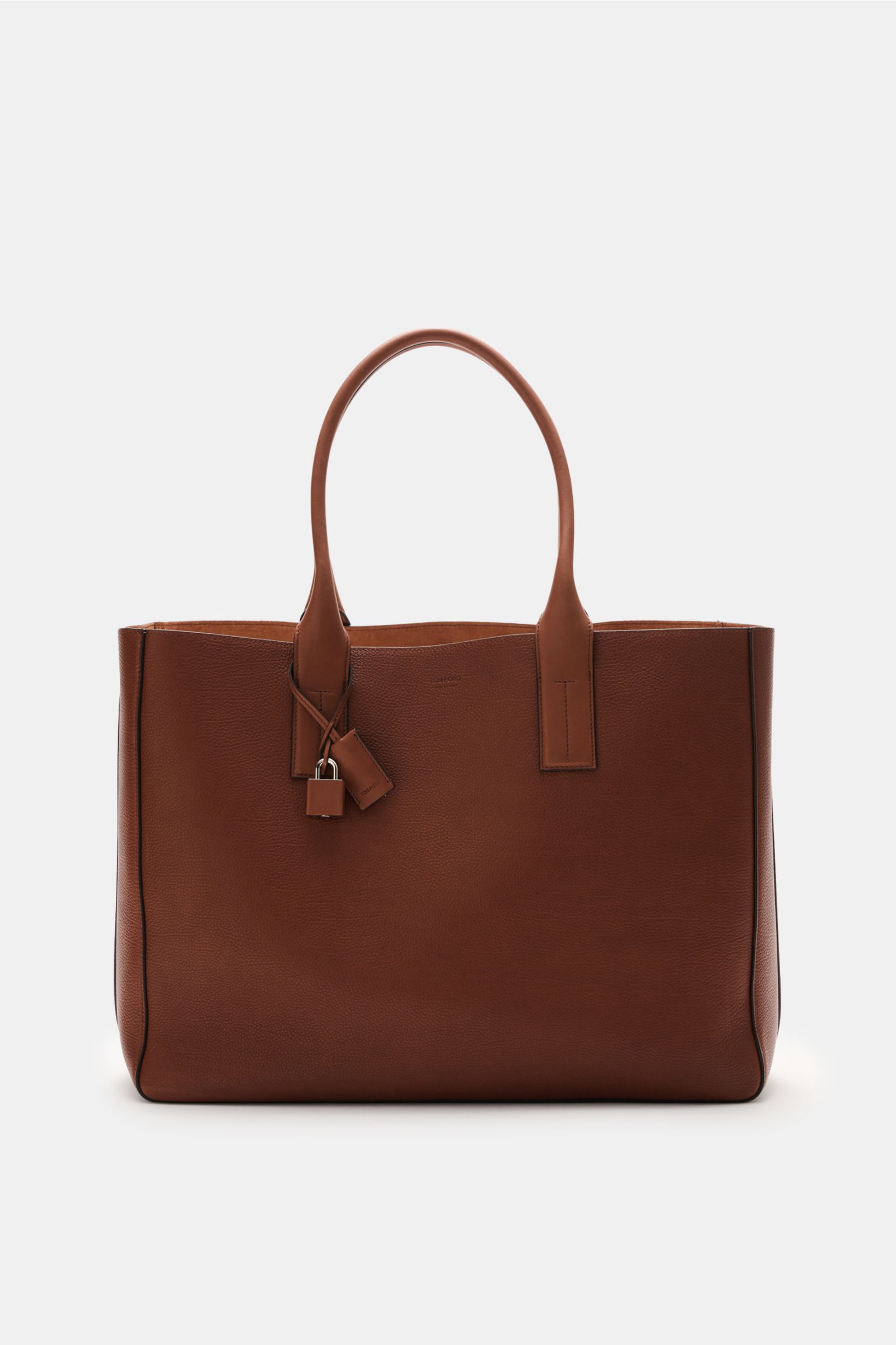 Front view of Tom Ford Shopper rotbraun in fine grained calf leather with smooth leather details, silver hardware, lock, and spacious main compartment.