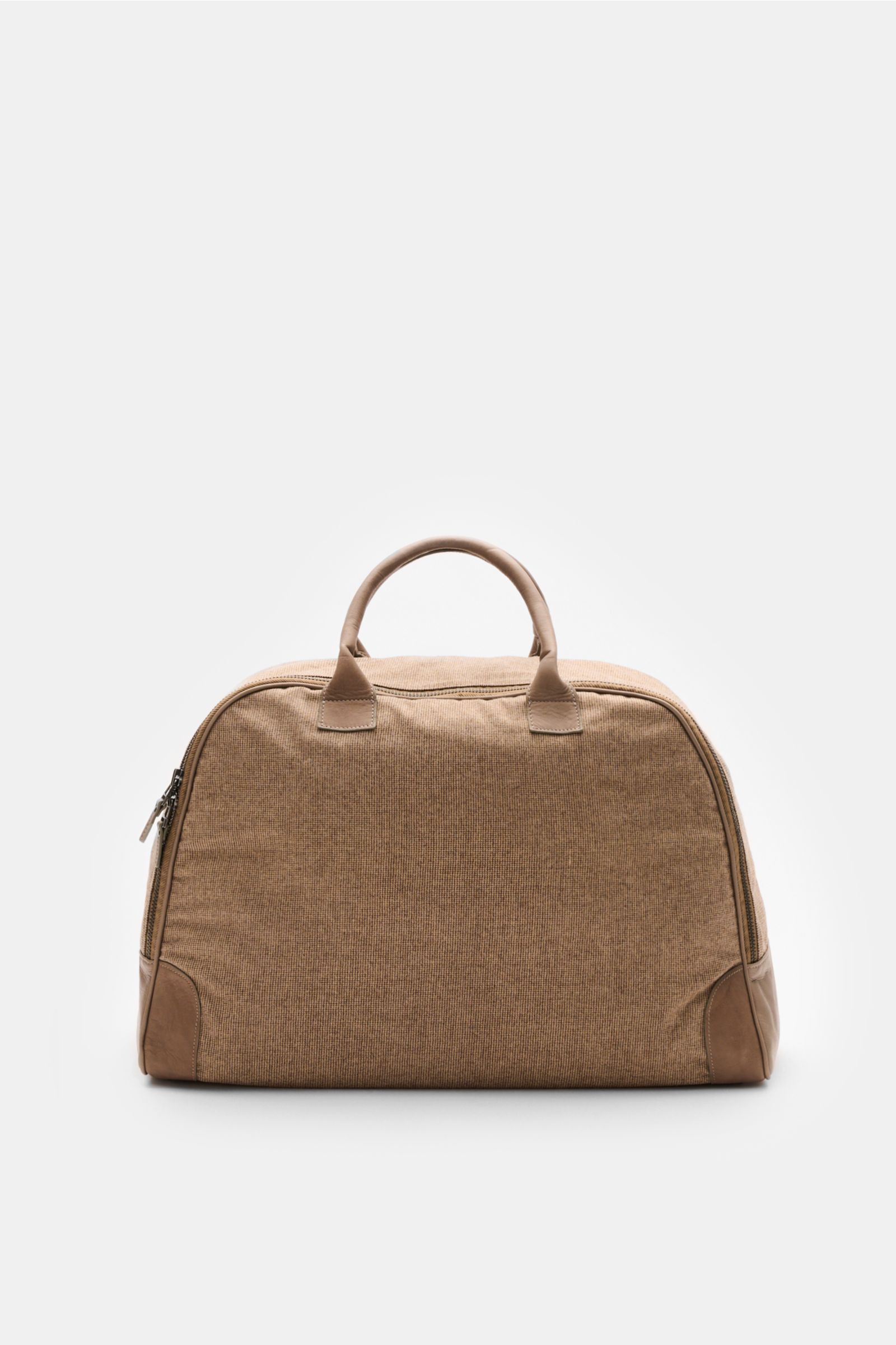 Front view of the 04651/ A trip in a bag Weekender '356-Bag Tweed' beige/taupe checked made of fabric and leather with robust leather handles and corner reinforcement, two-way zip, spacious main compartment, internal zip compartment, textile lining, burni