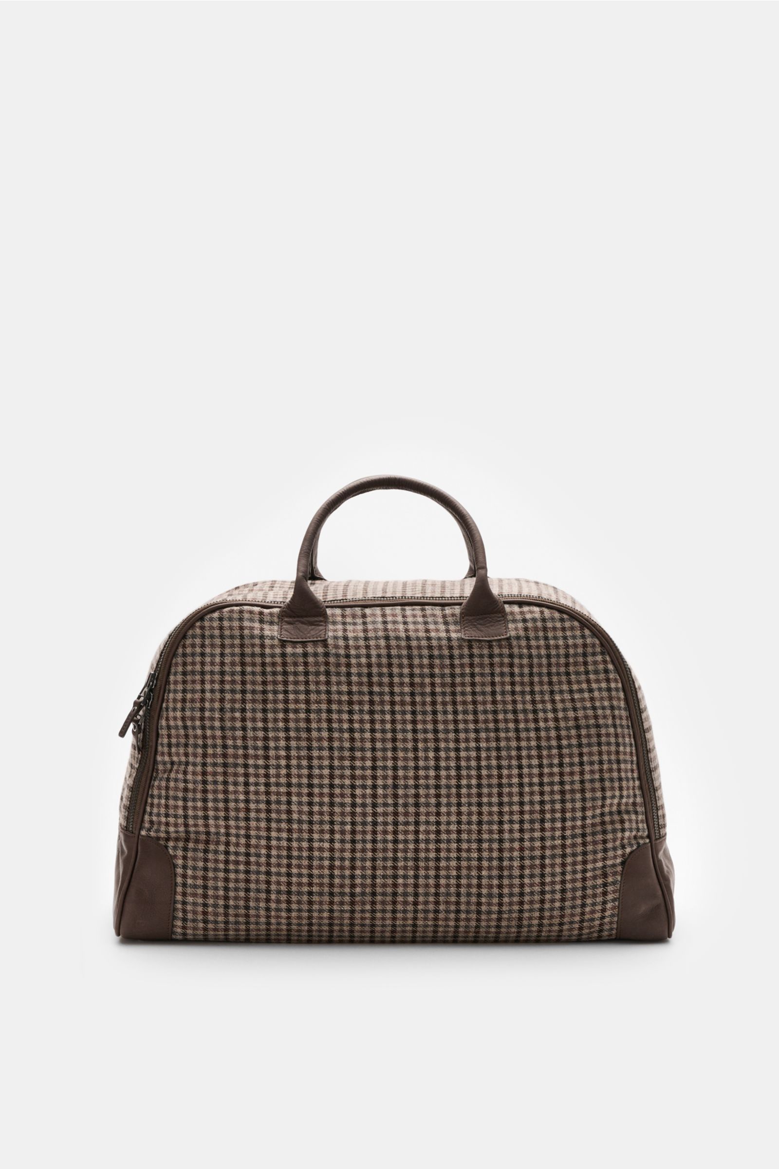 Frontale Ansicht des 04651/ A trip in a bag Weekender '356-Bag Tweed' dunkelbraun/beige/rotbraun kariert mit Ledergriffen, kofferartiger Öffnung und robusten Ecken.